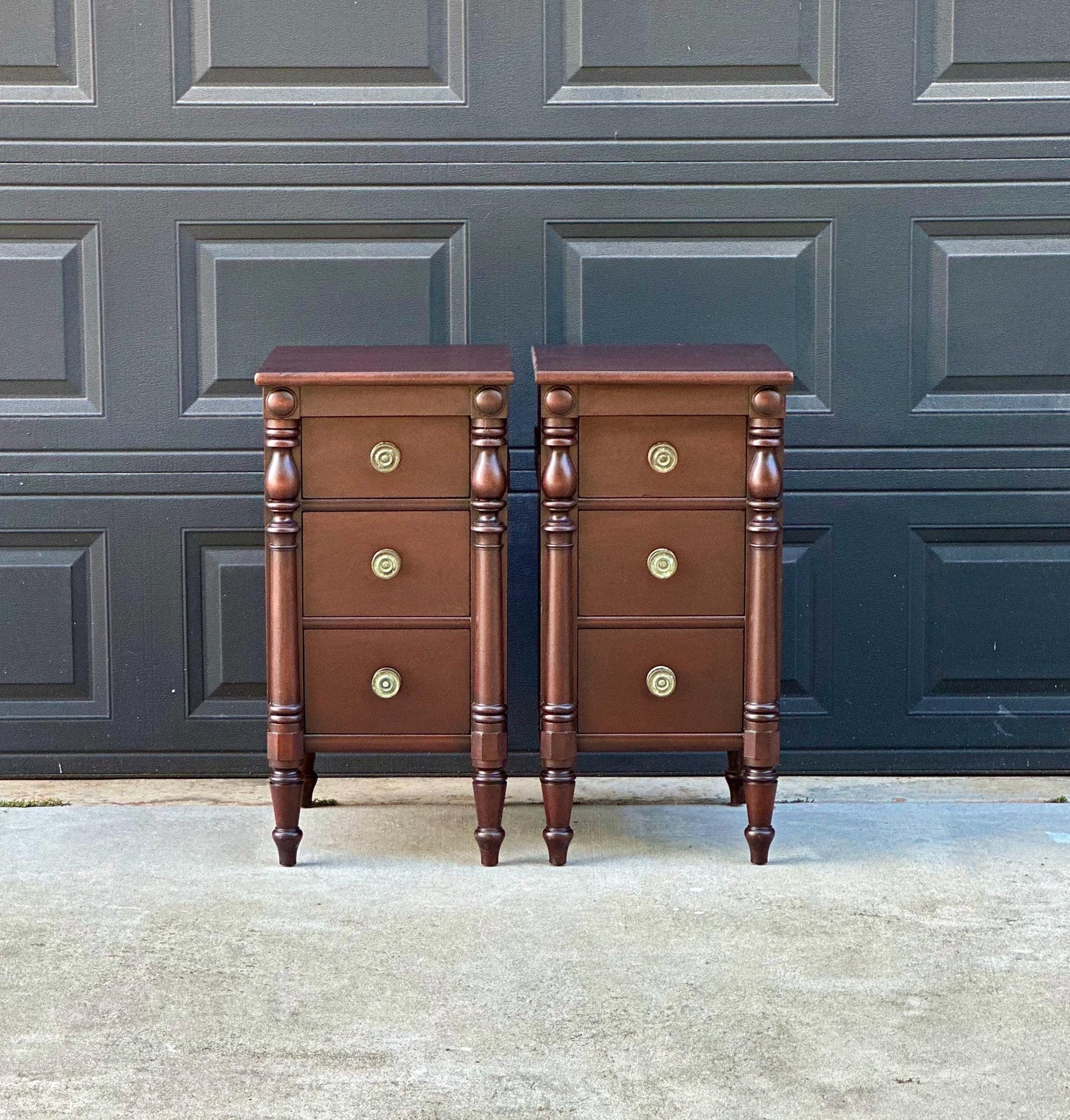 Antique Early 20th C Three Drawer Carved Solid Mahogany Wood Storage End Tables - a Pair