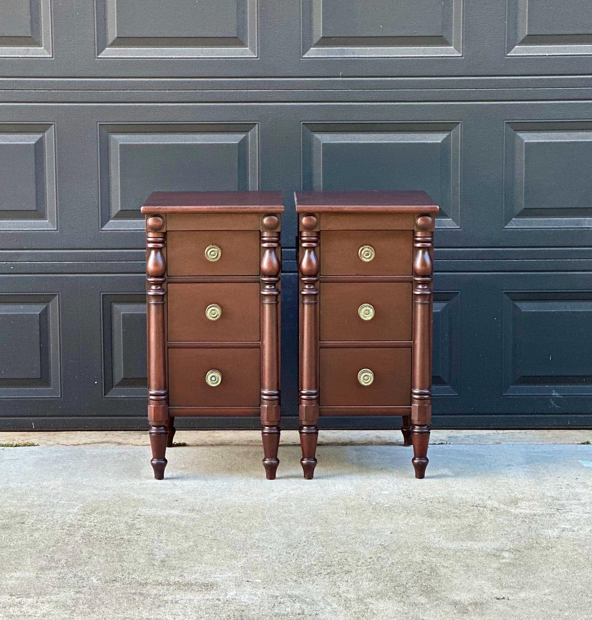 Antique Early 20th C Three Drawer Carved Solid Mahogany Wood Storage End Tables - a Pair