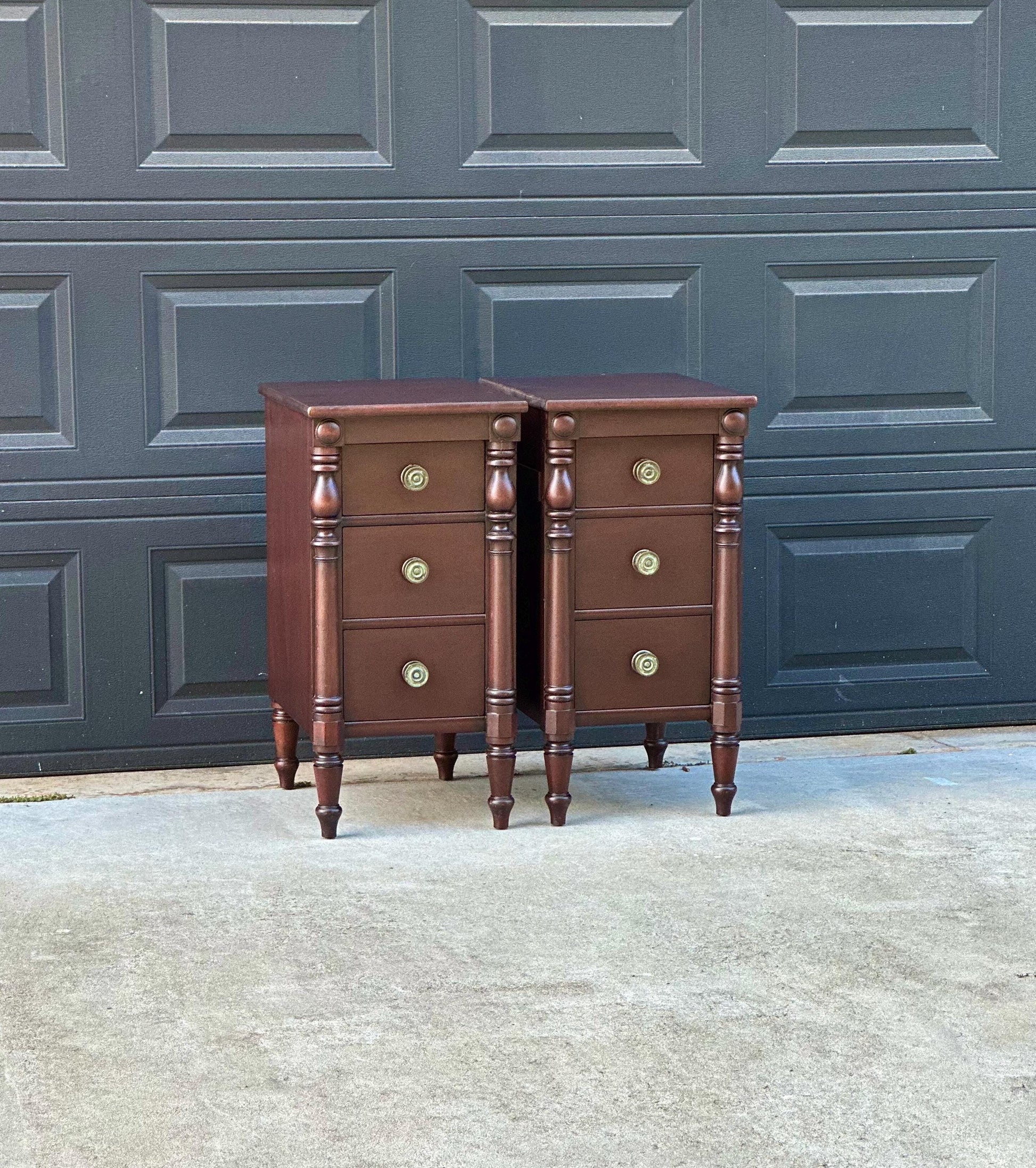 Antique Early 20th C Three Drawer Carved Solid Mahogany Wood Storage End Tables - a Pair