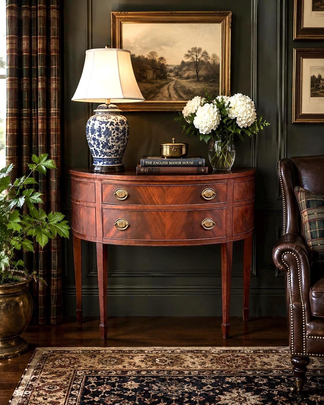 Vintage Early 20th Century Crotch Mahogany Half Round Two Drawer Sheraton Entry Hall Table
