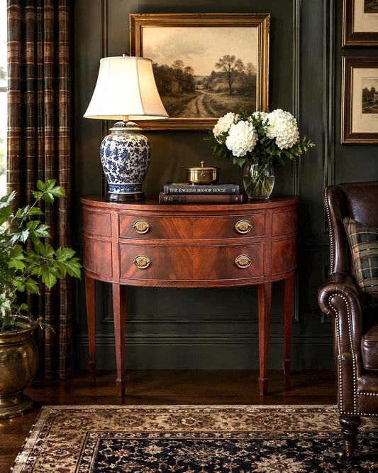 Vintage Early 20th Century Crotch Mahogany Half Round Two Drawer Sheraton Entry Hall Table