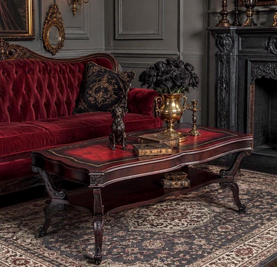 Vintage Early 20th C Carved Mahogany & Inset Leather Open Shelf Solid Wood Coffee Table