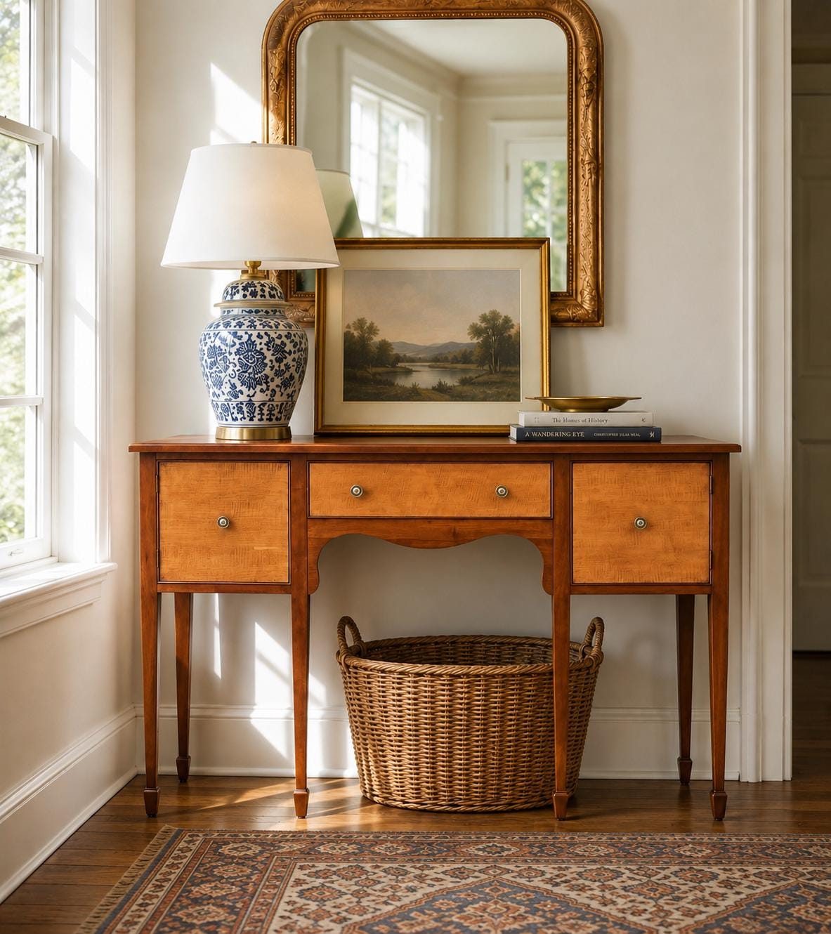 Vintage Late 20th C Solid Wood Two Tone Six Leg Narrow Sheraton Console Table with Cabinet & Drawer Storage