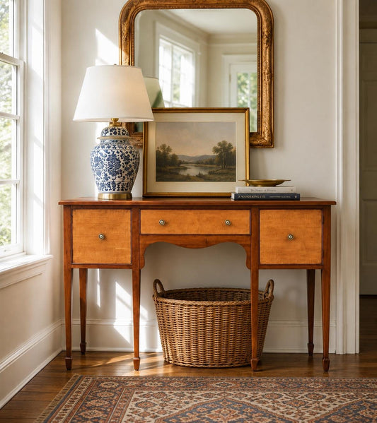 Vintage Late 20th C Solid Wood Two Tone Six Leg Narrow Sheraton Console Table with Cabinet & Drawer Storage