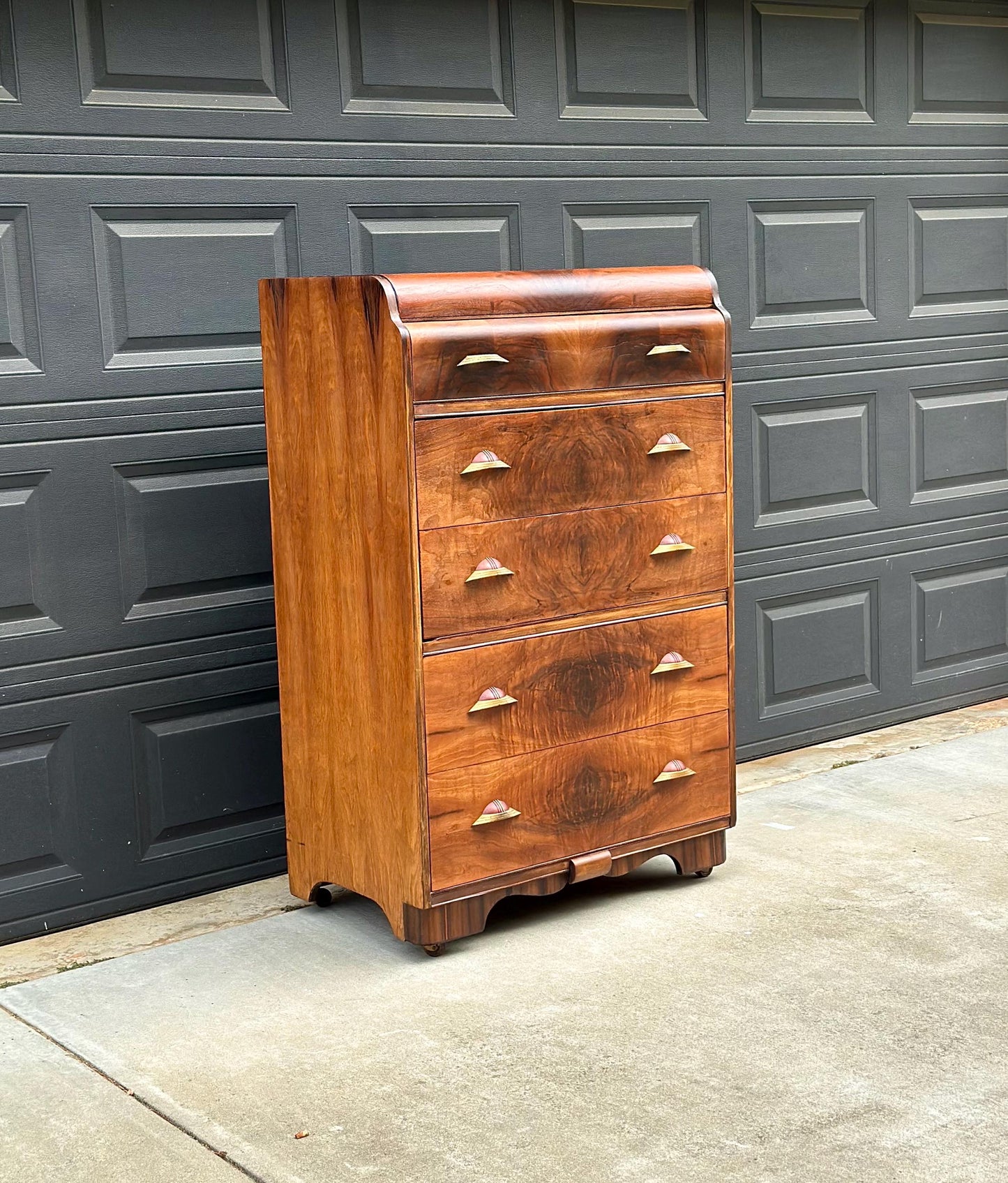 Vintage Early 1900s Art Deco Waterfall Tallboy Walnut Chest of Drawers on Casters 34" Wide