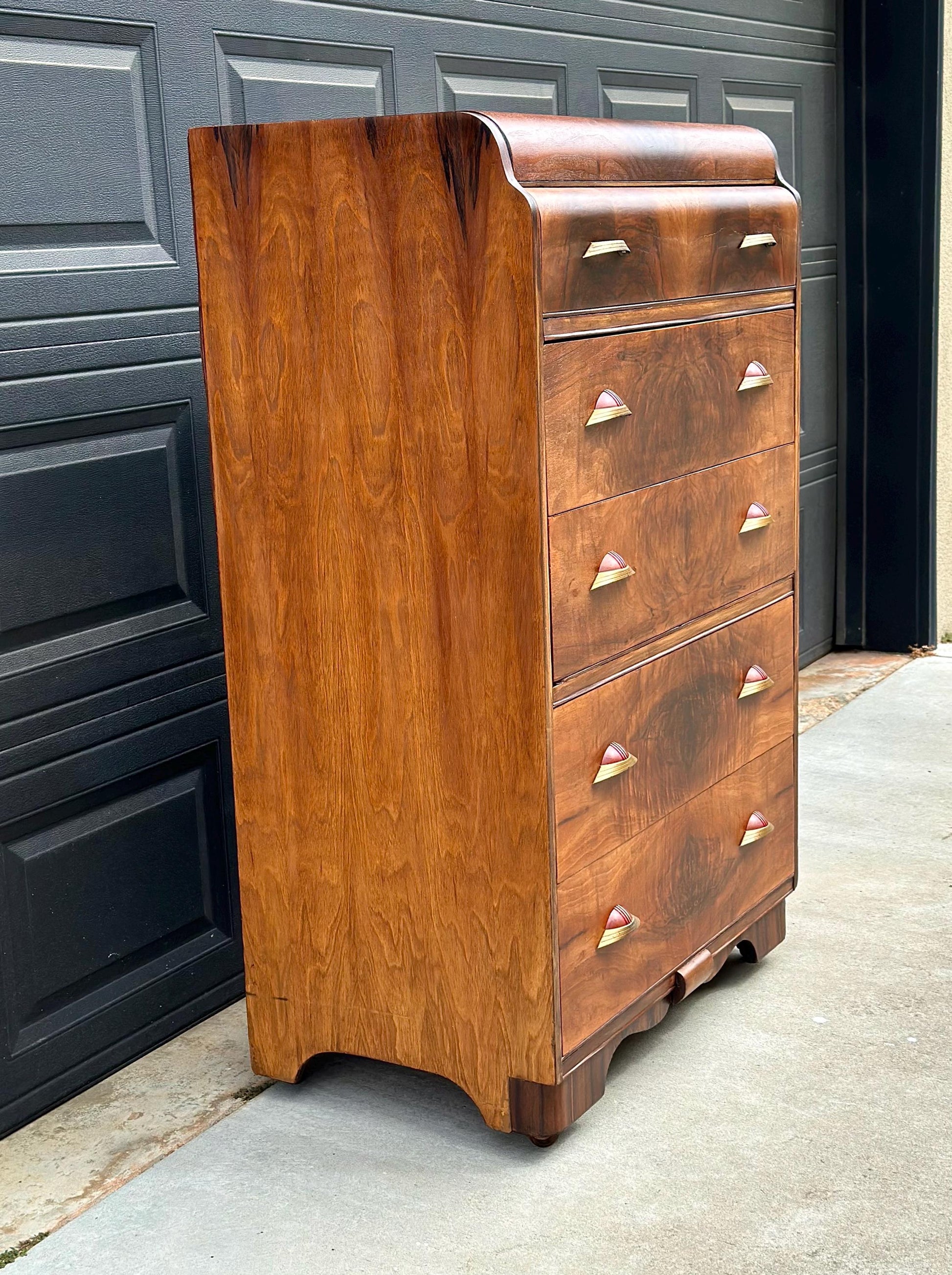 Vintage Early 1900s Art Deco Waterfall Tallboy Walnut Chest of Drawers on Casters 34" Wide