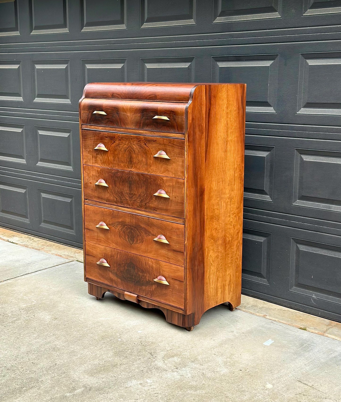 Vintage Early 1900s Art Deco Waterfall Tallboy Walnut Chest of Drawers on Casters 34" Wide