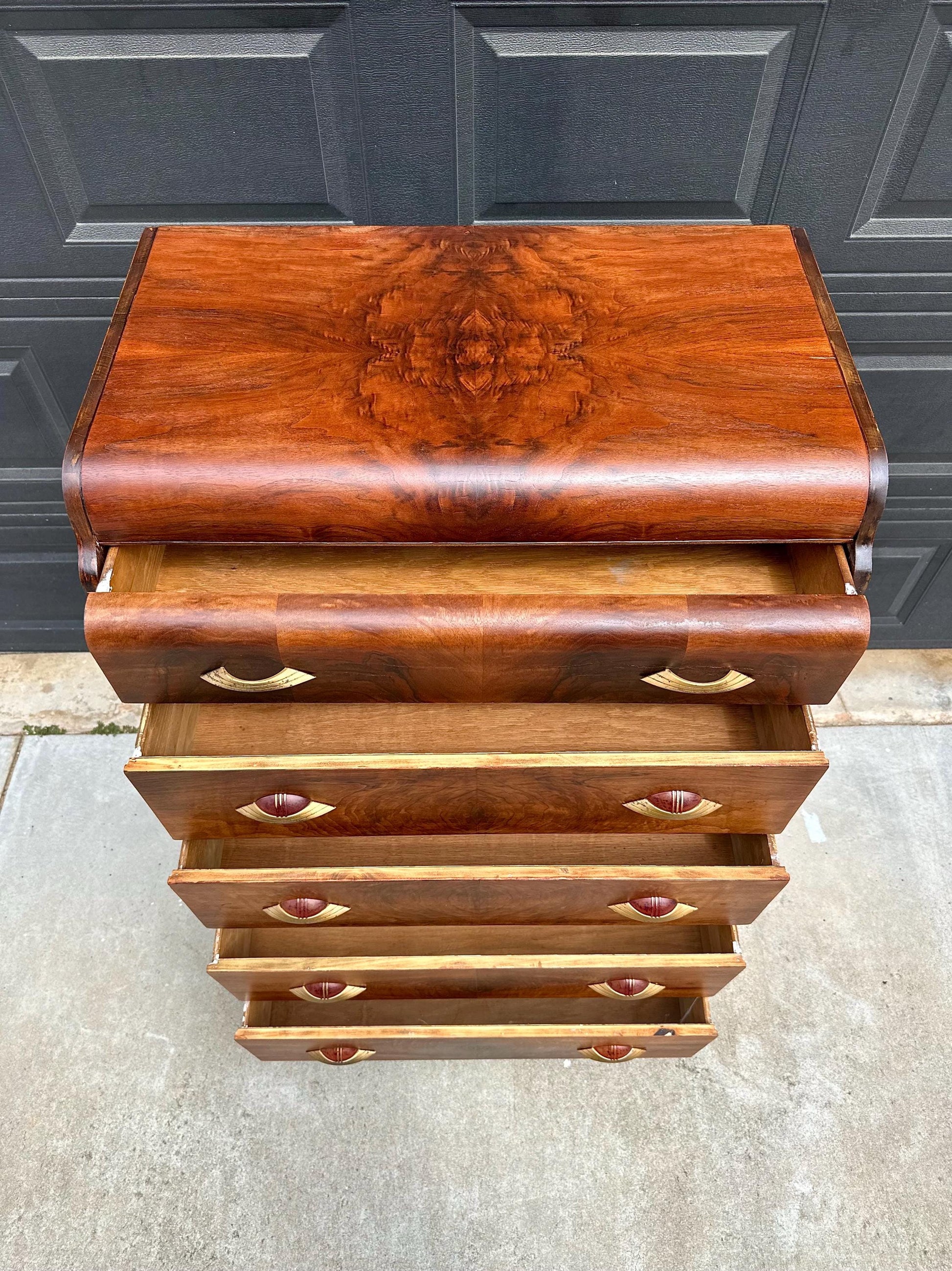 Vintage Early 1900s Art Deco Waterfall Tallboy Walnut Chest of Drawers on Casters 34" Wide