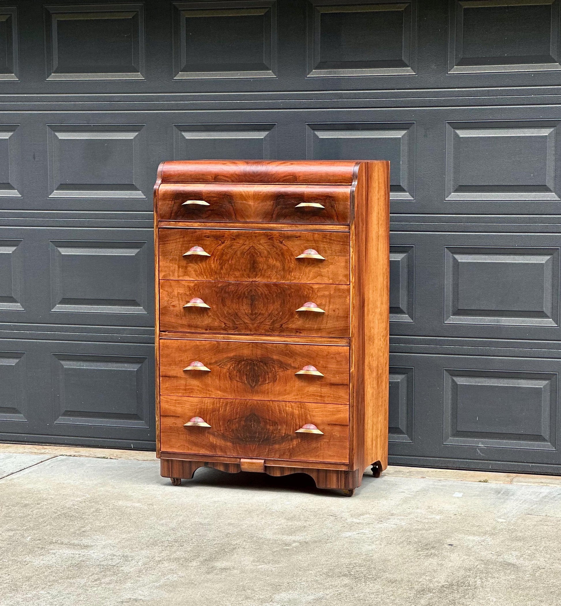Vintage Early 1900s Art Deco Waterfall Tallboy Walnut Chest of Drawers on Casters 34" Wide