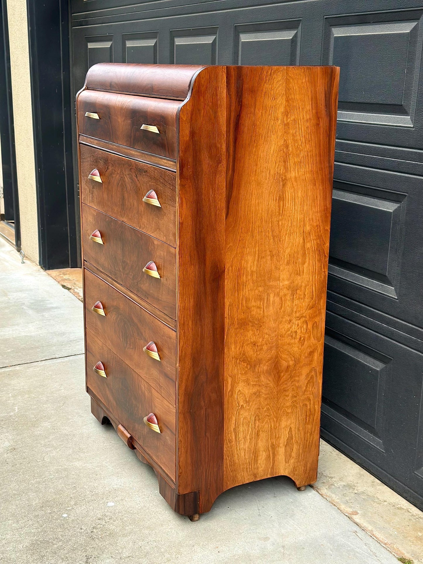 Vintage Early 1900s Art Deco Waterfall Tallboy Walnut Chest of Drawers on Casters 34" Wide