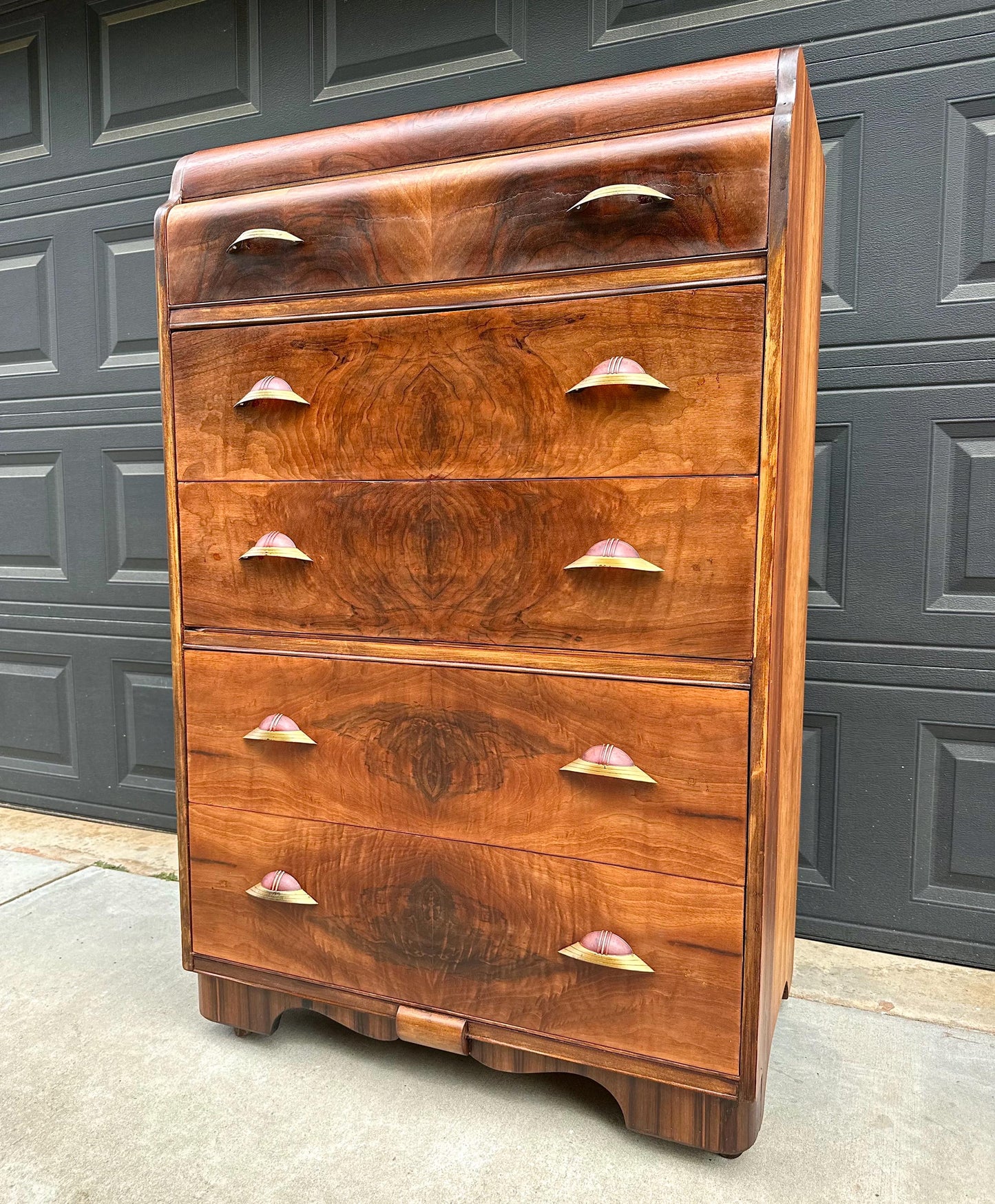 Vintage Early 1900s Art Deco Waterfall Tallboy Walnut Chest of Drawers on Casters 34" Wide