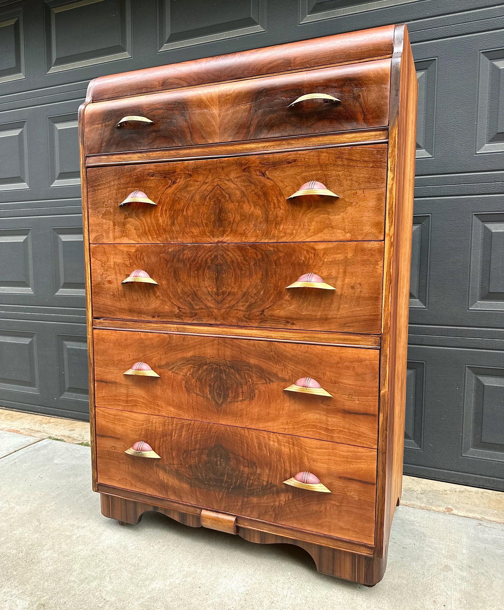 Vintage Early 1900s Art Deco Waterfall Tallboy Walnut Chest of Drawers on Casters 34" Wide