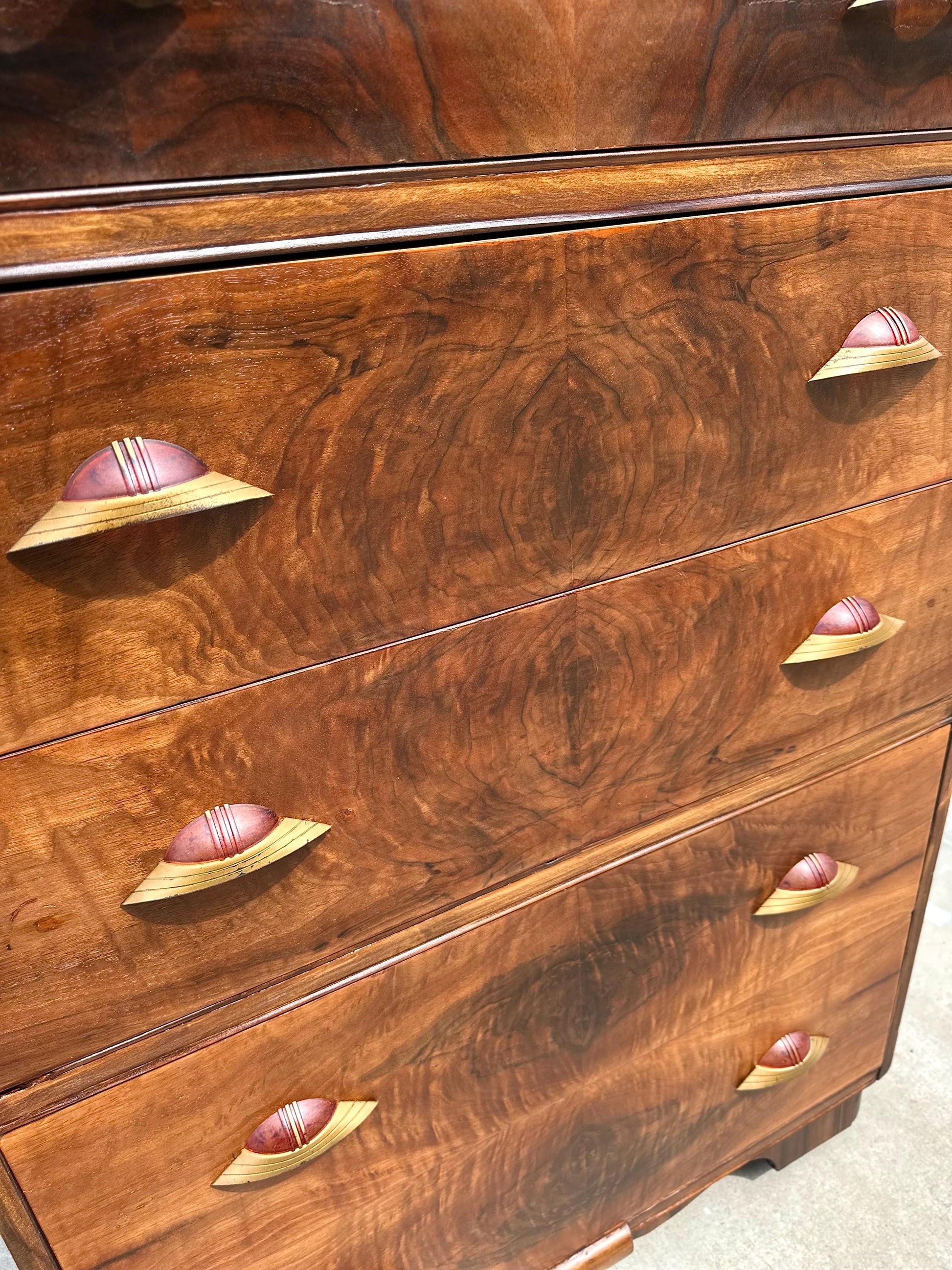 Vintage Early 1900s Art Deco Waterfall Tallboy Walnut Chest of Drawers on Casters 34" Wide