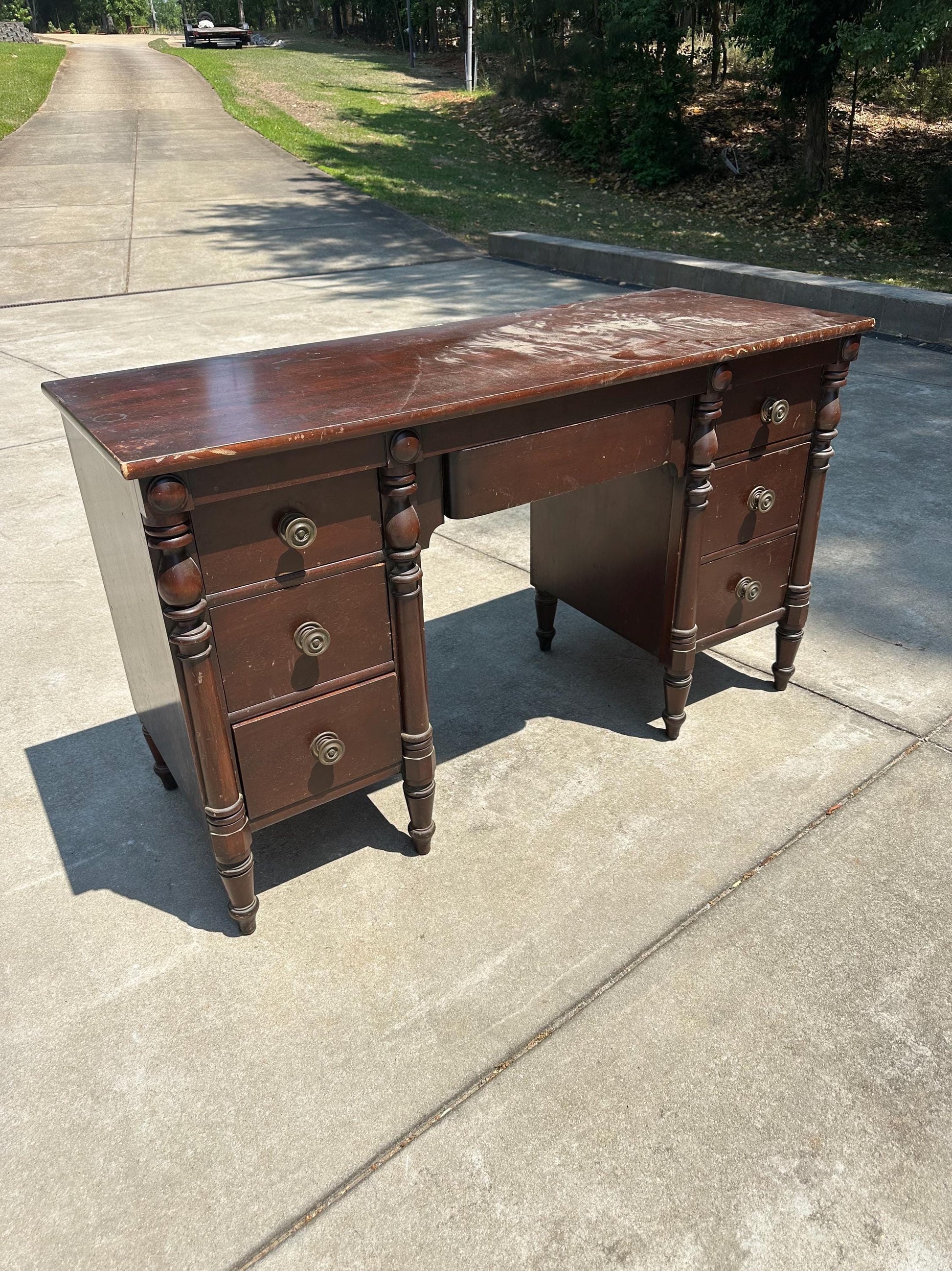 Antique Early 20th C Three Drawer Carved Solid Mahogany Wood Storage End Tables - a Pair