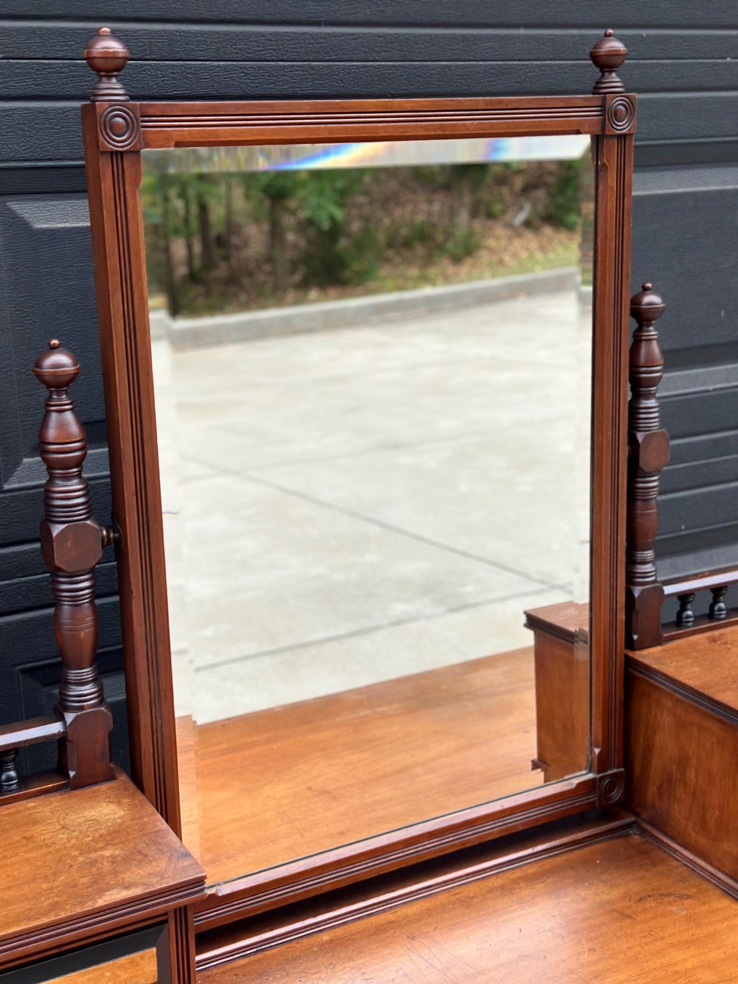 Antique Late 19th Century English Craftsman Nine Drawer Swing Mirror Walnut Accent Table on Casters by J.B. Richards, London