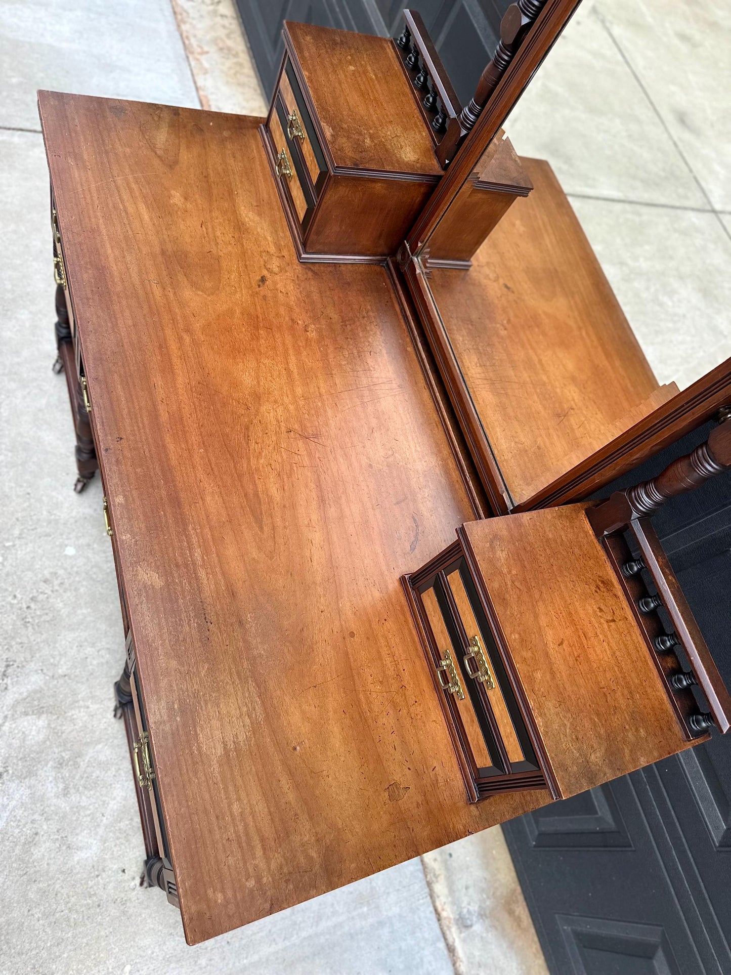 Antique Late 19th Century English Craftsman Nine Drawer Swing Mirror Walnut Accent Table on Casters by J.B. Richards, London