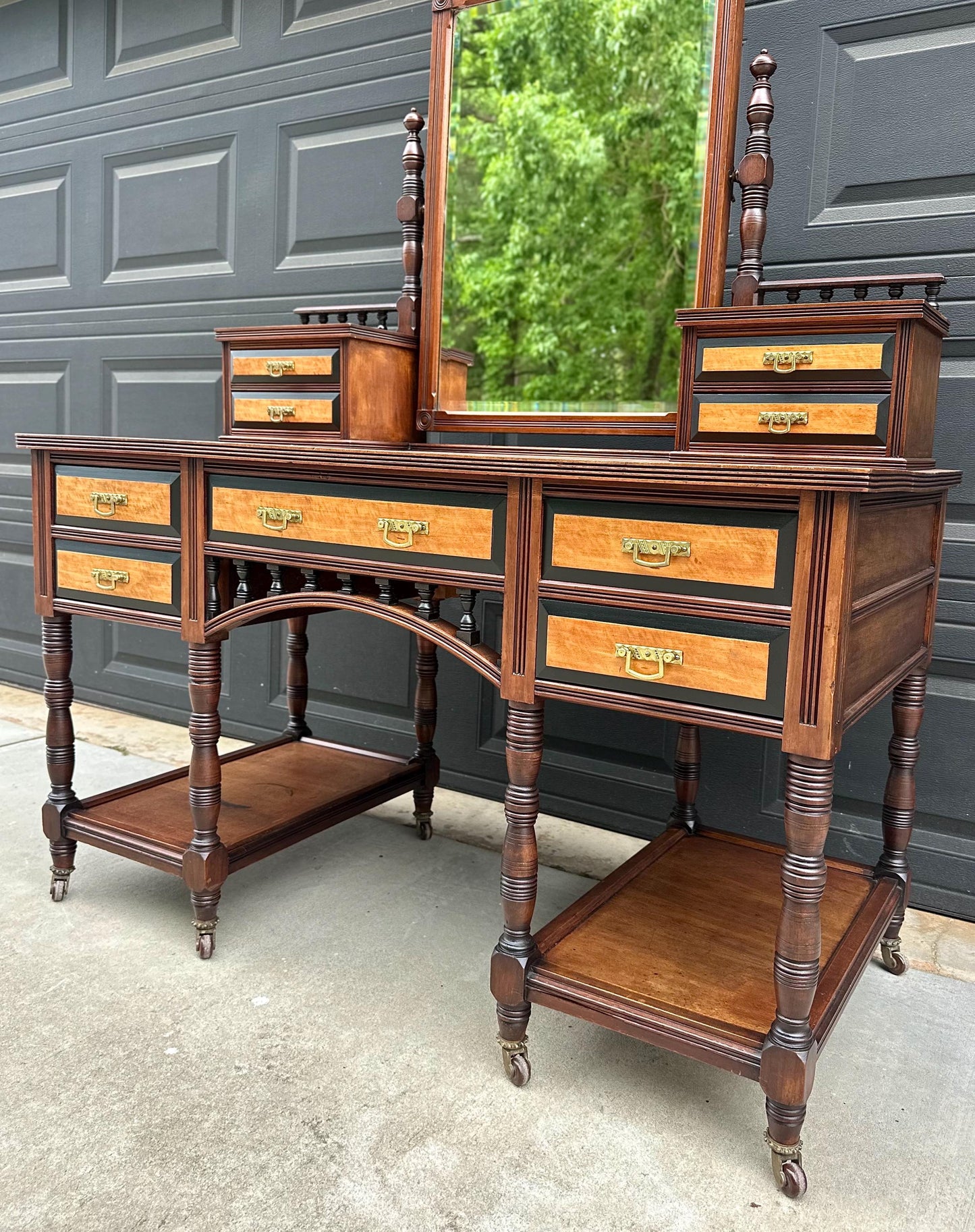 Antique Late 19th Century English Craftsman Nine Drawer Swing Mirror Walnut Accent Table on Casters by J.B. Richards, London