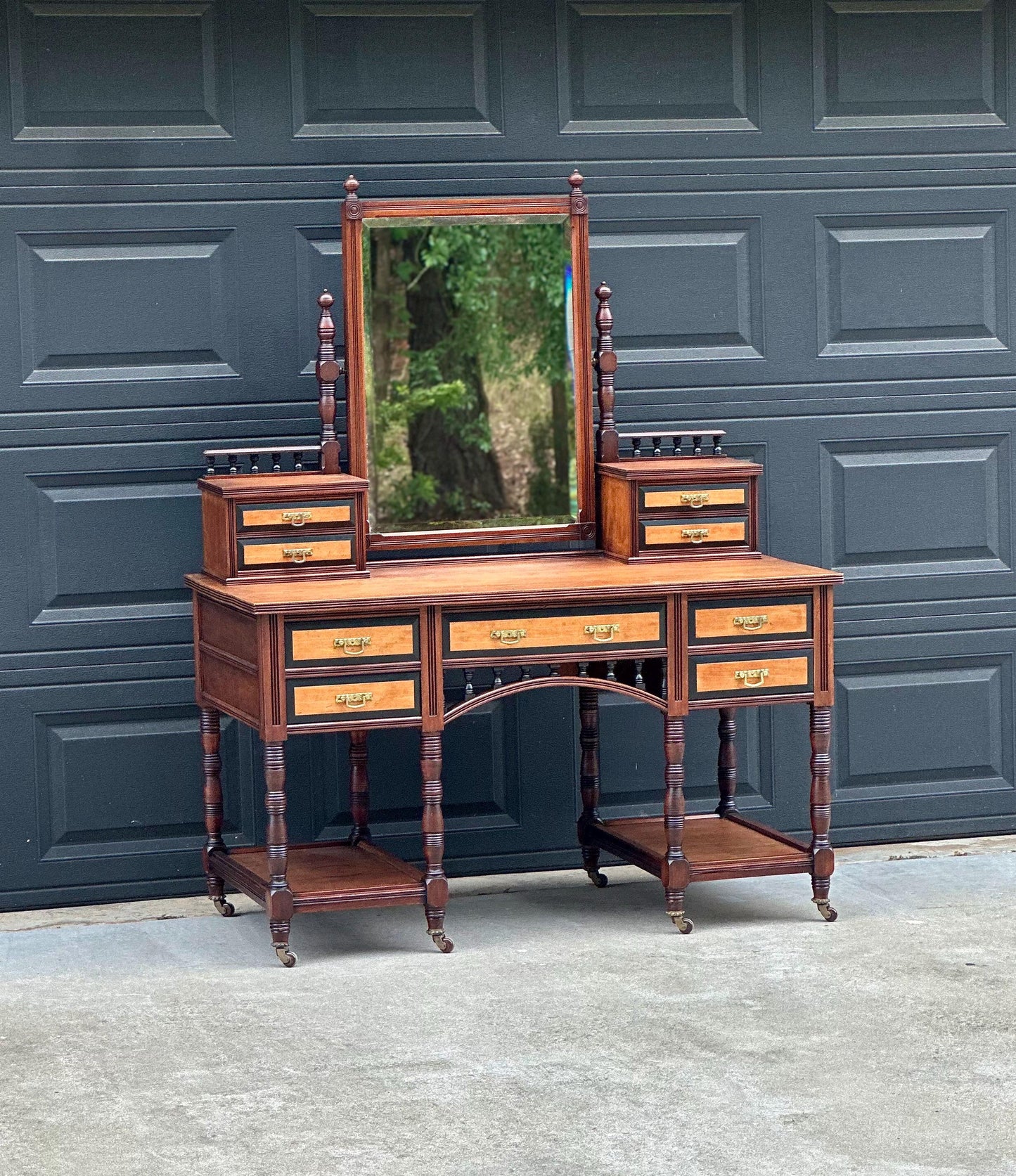 Antique Late 19th Century English Craftsman Nine Drawer Swing Mirror Walnut Accent Table on Casters by J.B. Richards, London