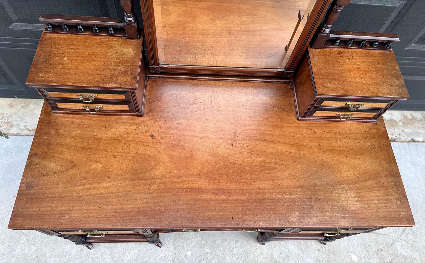 Antique Late 19th Century English Craftsman Nine Drawer Swing Mirror Walnut Accent Table on Casters by J.B. Richards, London