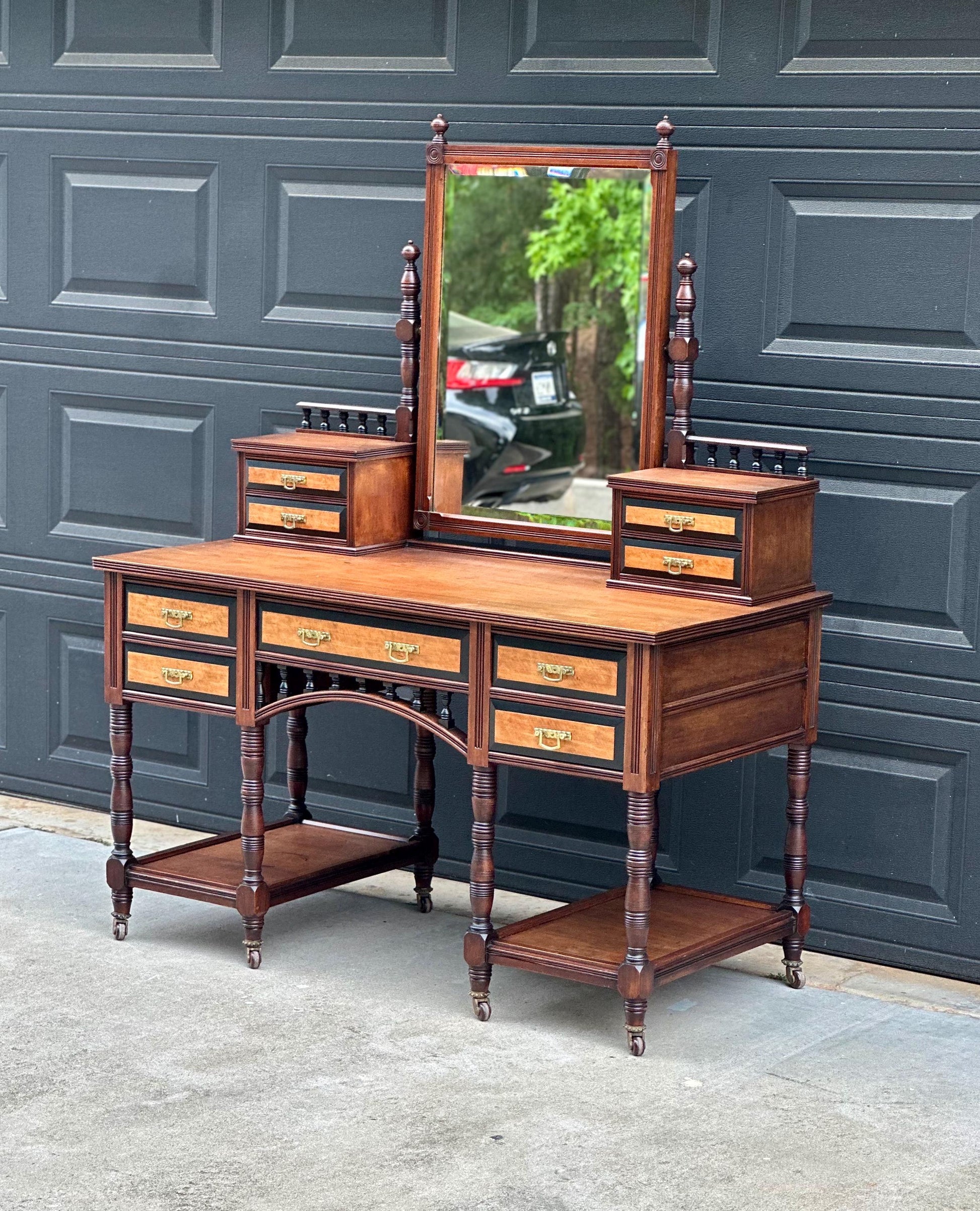 Antique Late 19th Century English Craftsman Nine Drawer Swing Mirror Walnut Accent Table on Casters by J.B. Richards, London
