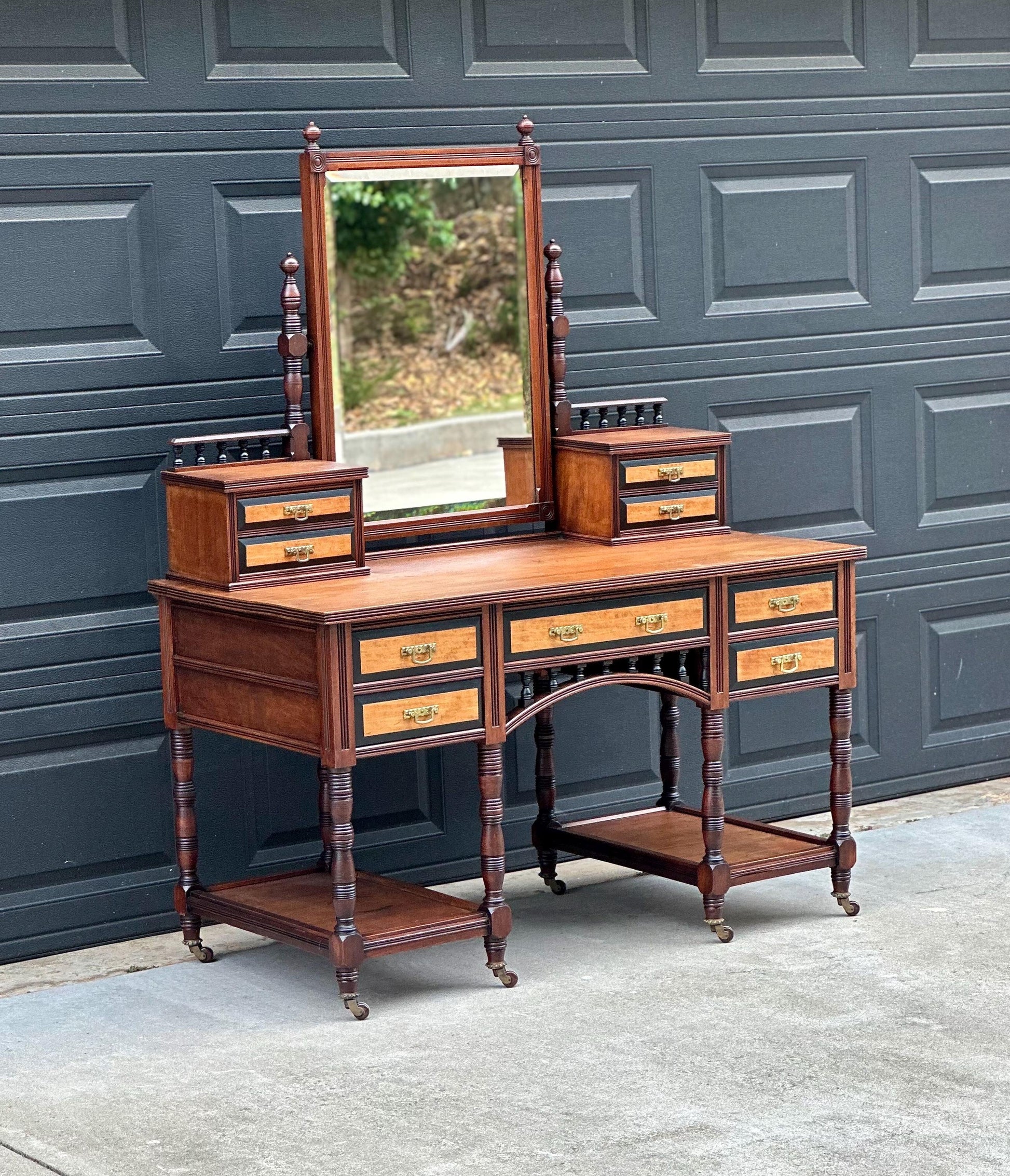 Antique Late 19th Century English Craftsman Nine Drawer Swing Mirror Walnut Accent Table on Casters by J.B. Richards, London