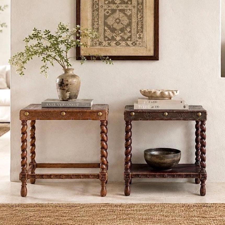 Antique Early 1900s Etched Andean Leather & Mahogany Barley Twist Side Tables - a Pair