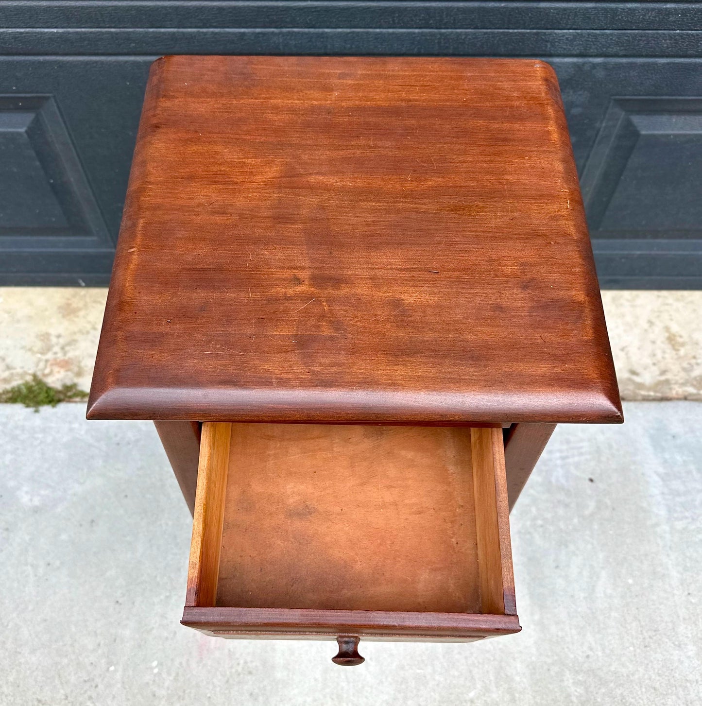 Vintage Mid 1900s Solid Cherry Wood Single Drawer Shaker Side Table with Open Shelf 15" Wide
