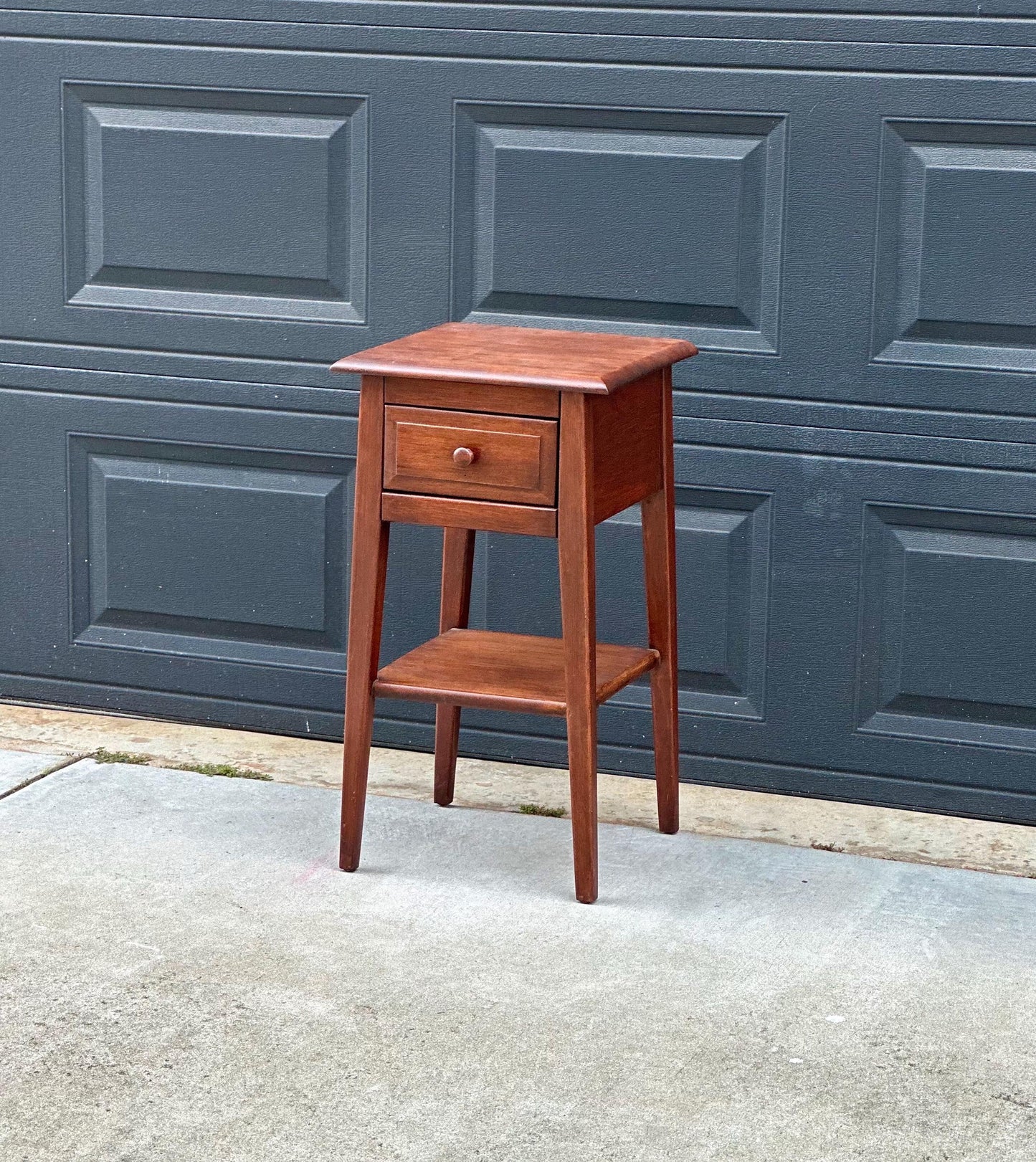 Vintage Mid 1900s Solid Cherry Wood Single Drawer Shaker Side Table with Open Shelf 15" Wide