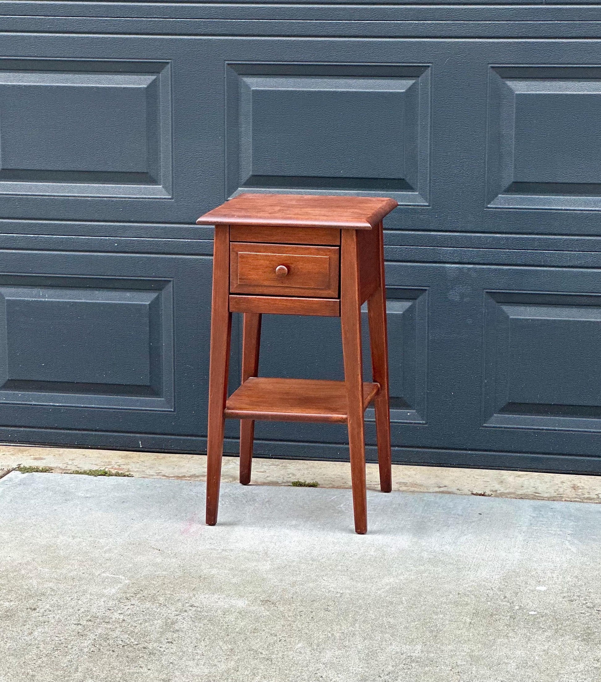 Vintage Mid 1900s Solid Cherry Wood Single Drawer Shaker Side Table with Open Shelf 15" Wide