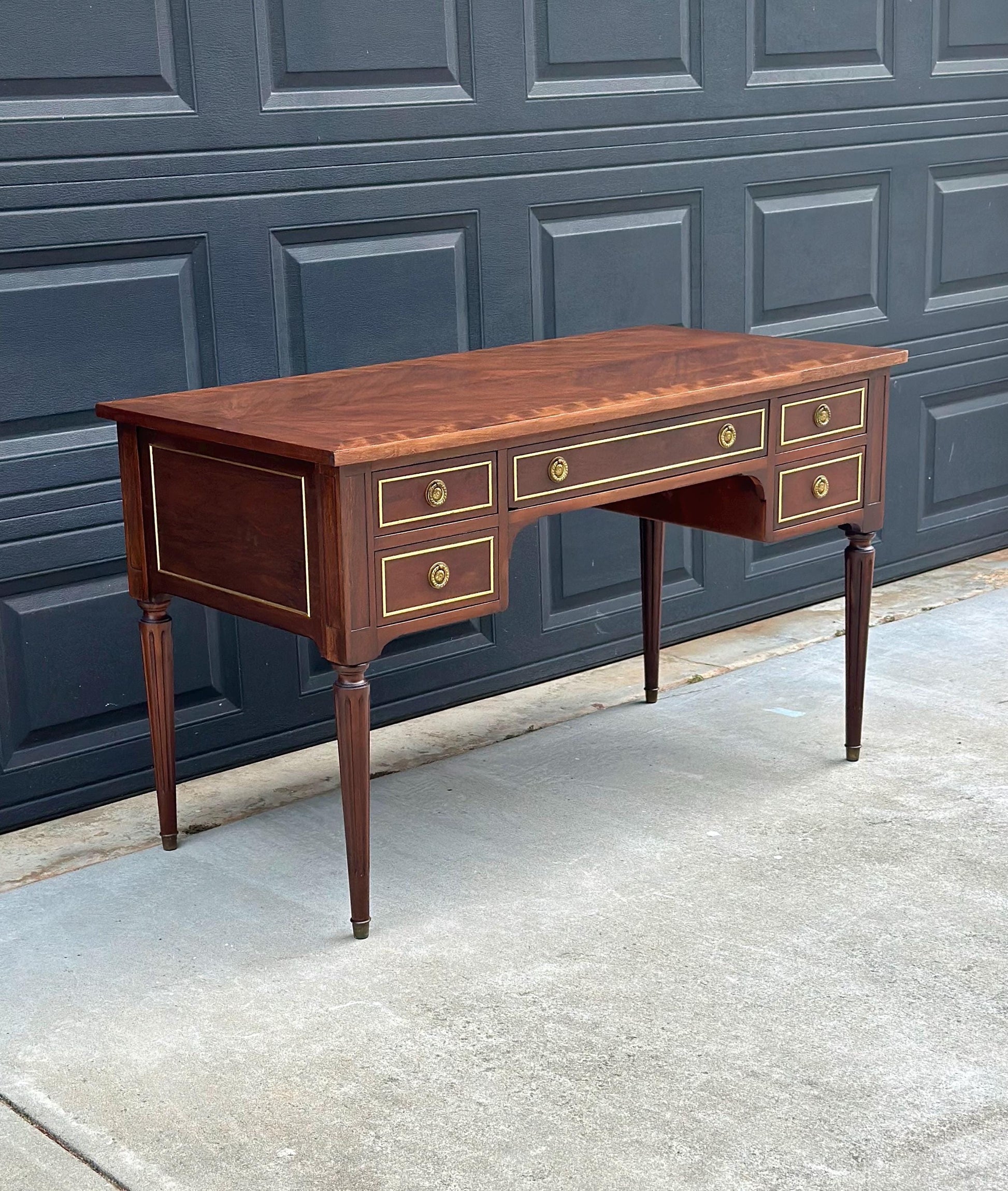 Antique Early 20th Century Fluted Leg Federal Parquet Top Mahogany Wood Accent Table with Gilt Trim 50" Wide