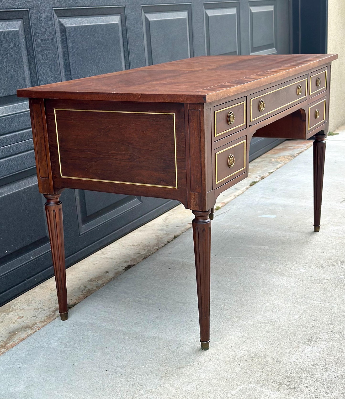 Antique Early 20th Century Fluted Leg Federal Parquet Top Mahogany Wood Accent Table with Gilt Trim 50" Wide