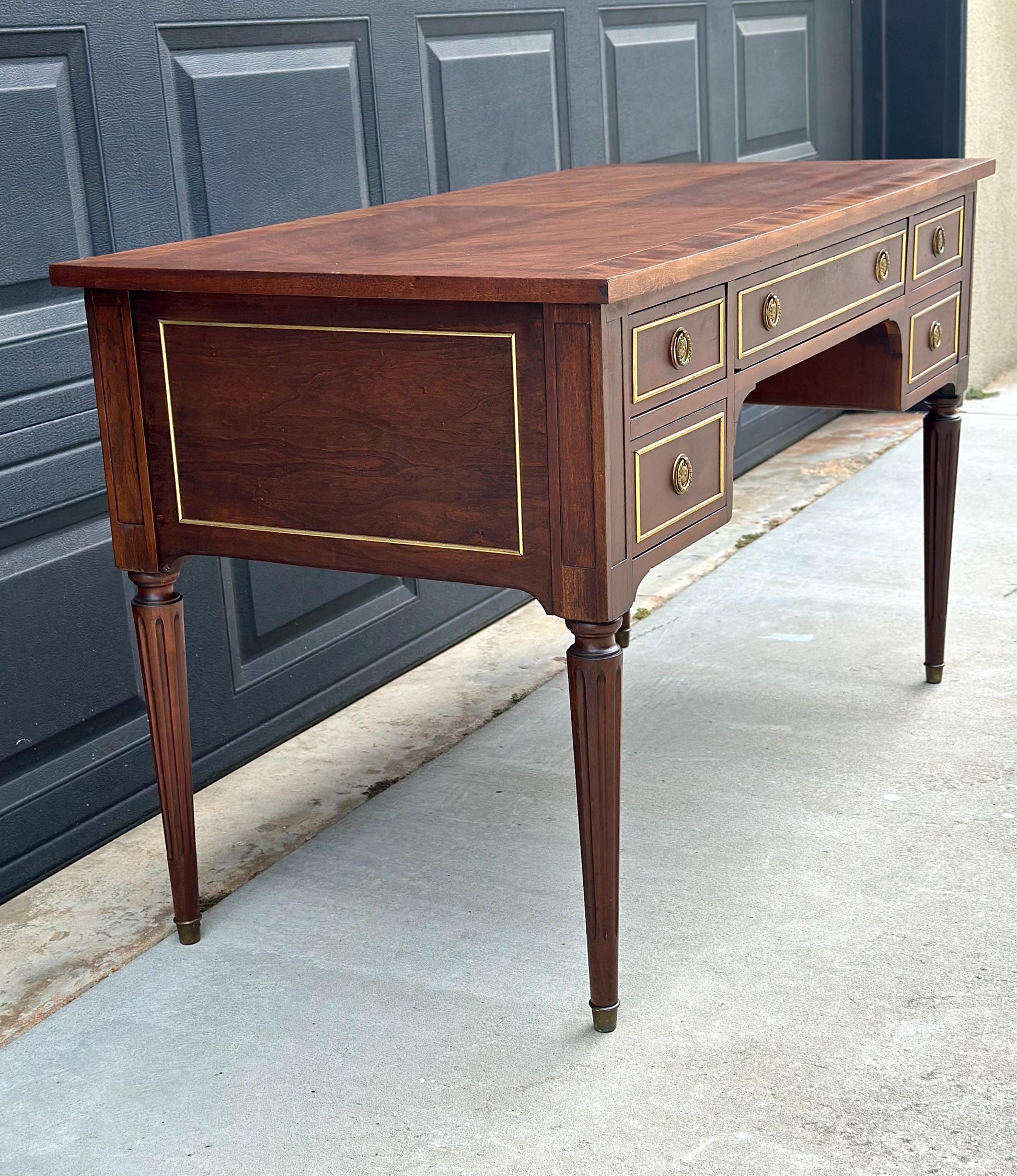 Antique Early 20th Century Fluted Leg Federal Parquet Top Mahogany Wood Accent Table with Gilt Trim 50" Wide