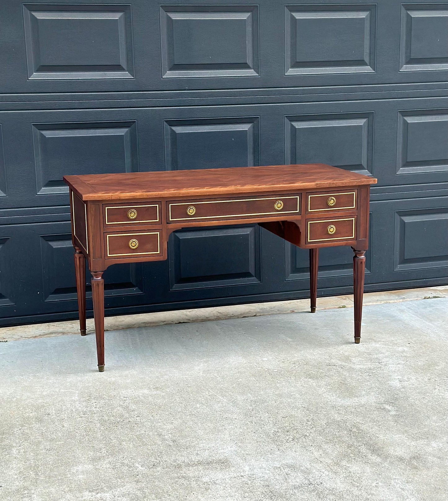 Antique Early 20th Century Fluted Leg Federal Parquet Top Mahogany Wood Accent Table with Gilt Trim 50" Wide