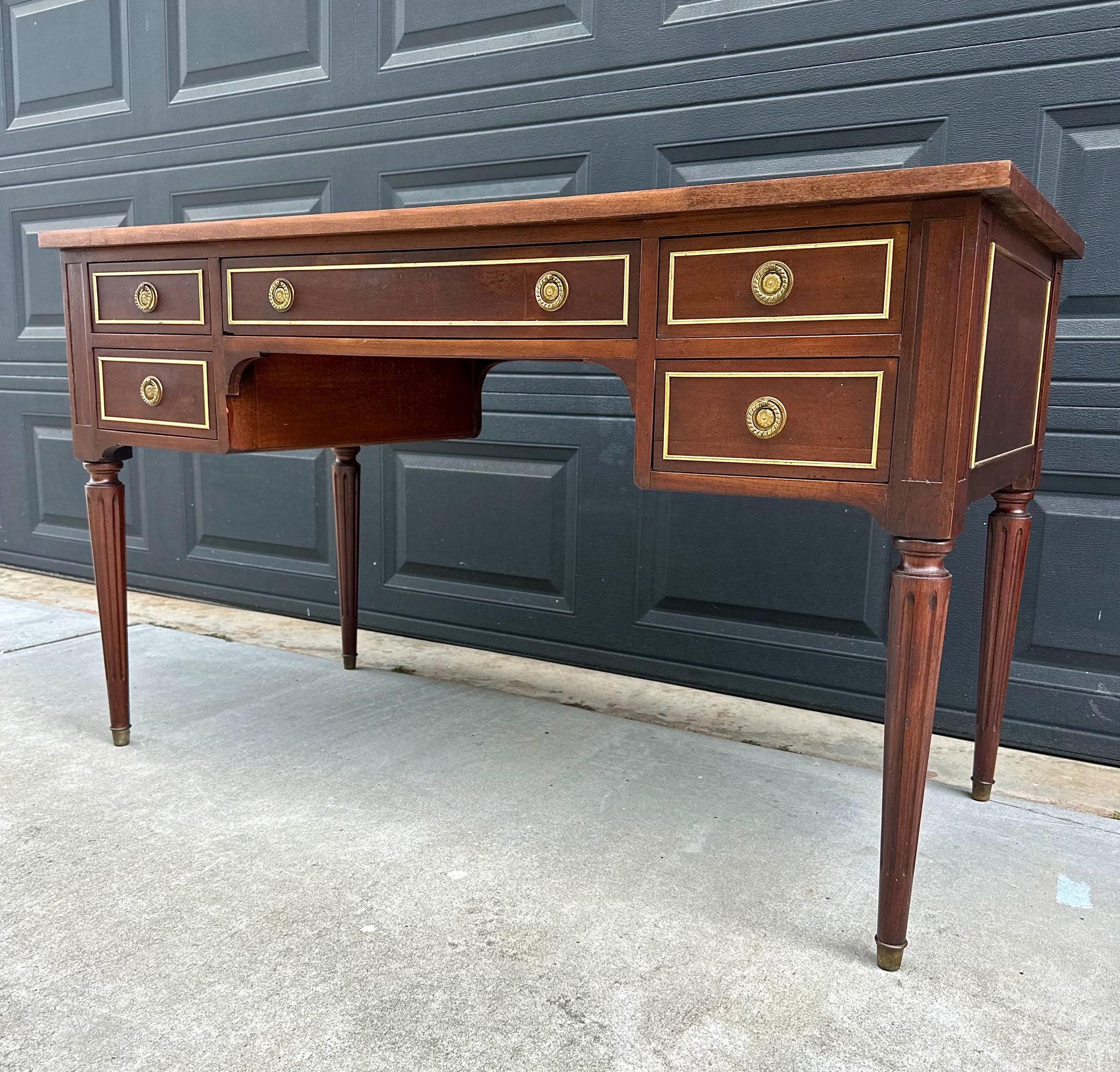 Antique Early 20th Century Fluted Leg Federal Parquet Top Mahogany Wood Accent Table with Gilt Trim 50" Wide