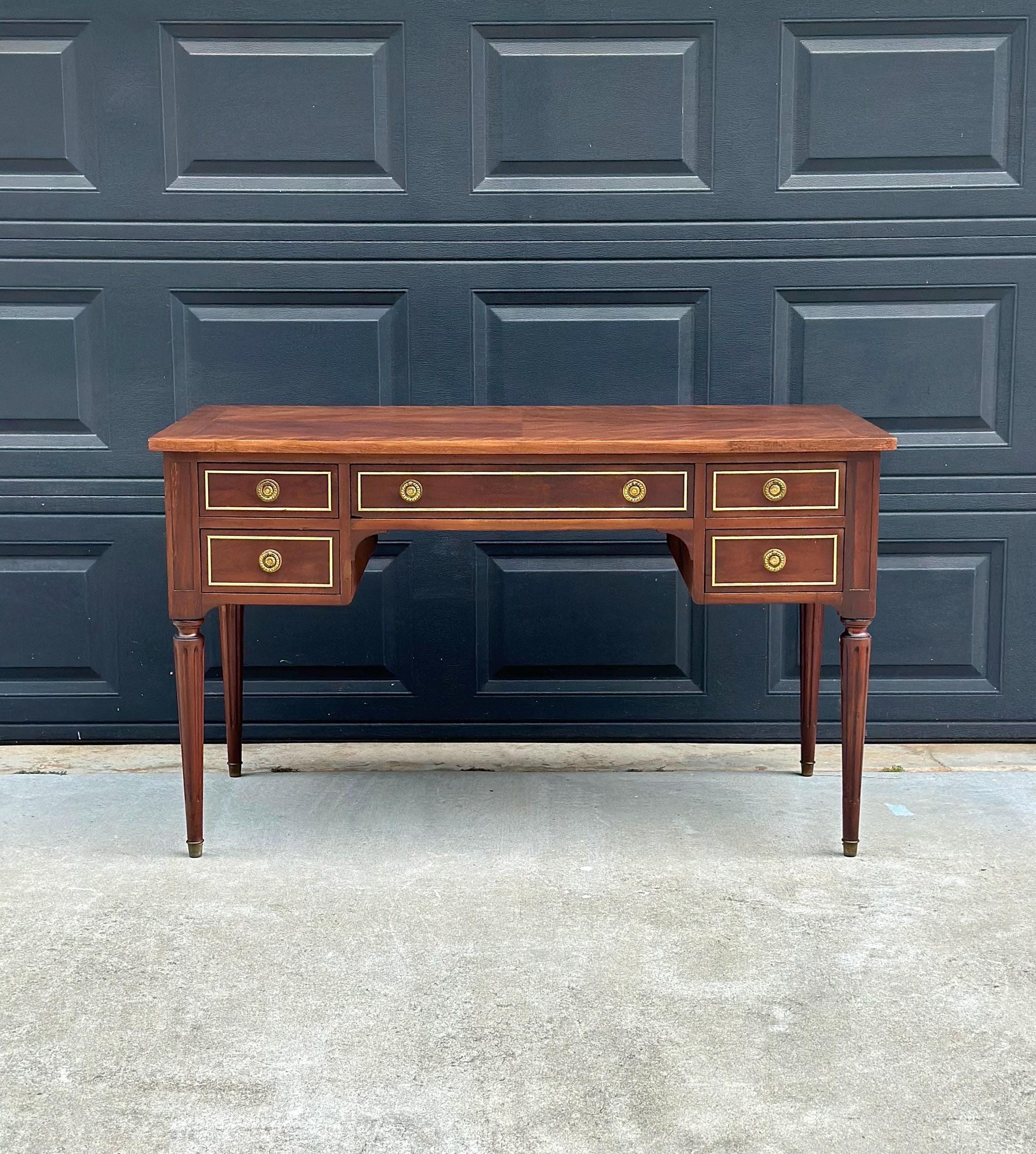 Antique Early 20th Century Fluted Leg Federal Parquet Top Mahogany Wood Accent Table with Gilt Trim 50" Wide