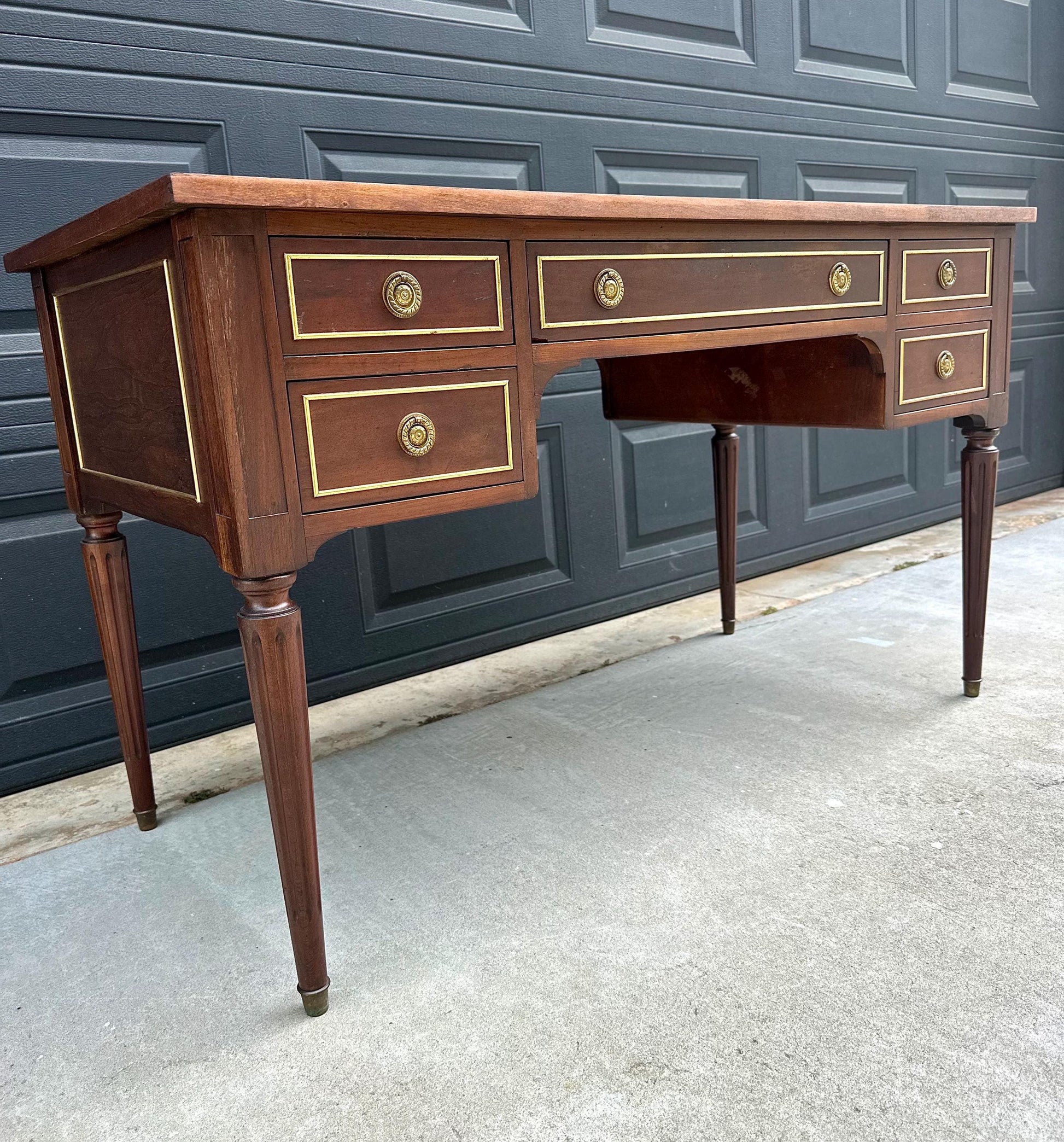 Antique Early 20th Century Fluted Leg Federal Parquet Top Mahogany Wood Accent Table with Gilt Trim 50" Wide
