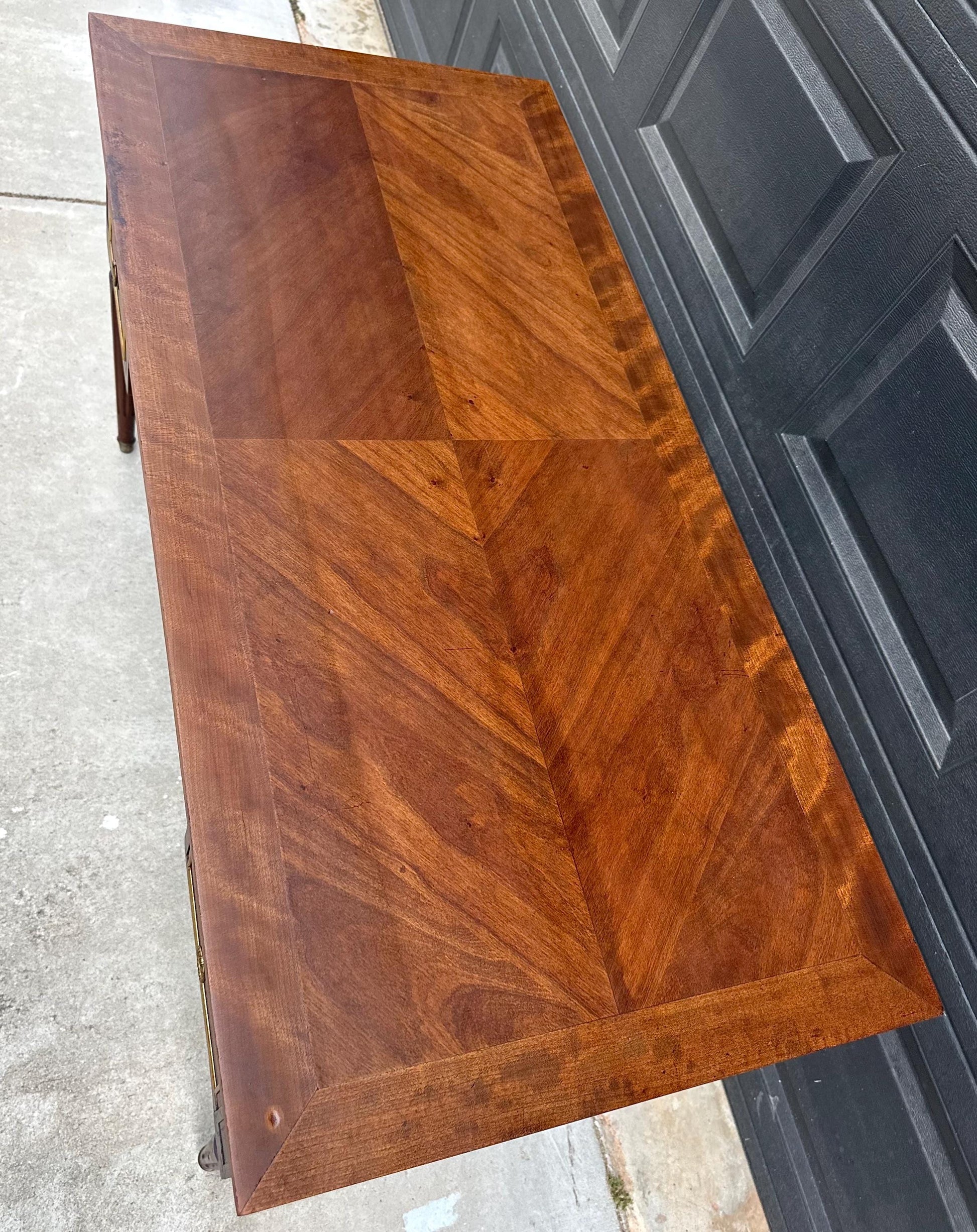 Antique Early 20th Century Fluted Leg Federal Parquet Top Mahogany Wood Accent Table with Gilt Trim 50" Wide
