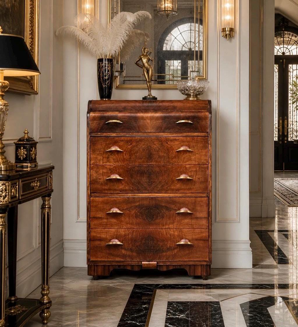 Vintage Early 1900s Art Deco Waterfall Tallboy Walnut Chest of Drawers on Casters 34" Wide