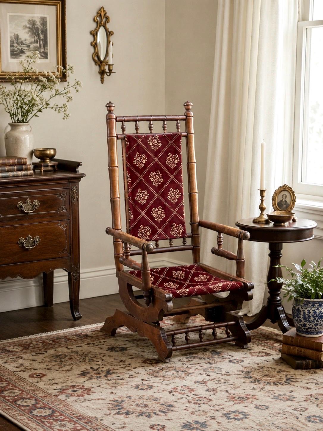 Antique Late 19th C. Eastlake Carved Walnut Wood Upholstered Rustic Rocking Accent Chair