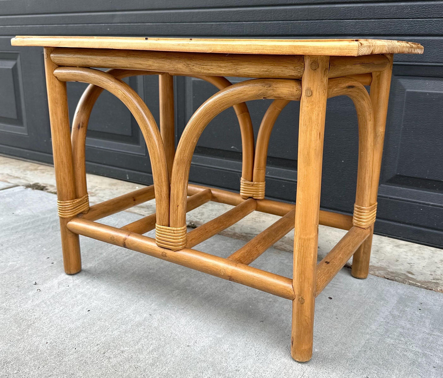 Vintage Mid Century Rattan Accent Table with Solid Wood Top Bentwood End Table