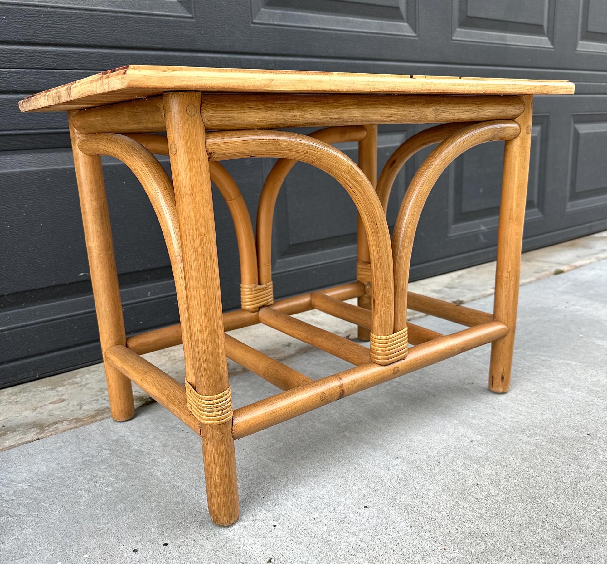 Vintage Mid Century Rattan Accent Table with Solid Wood Top Bentwood End Table