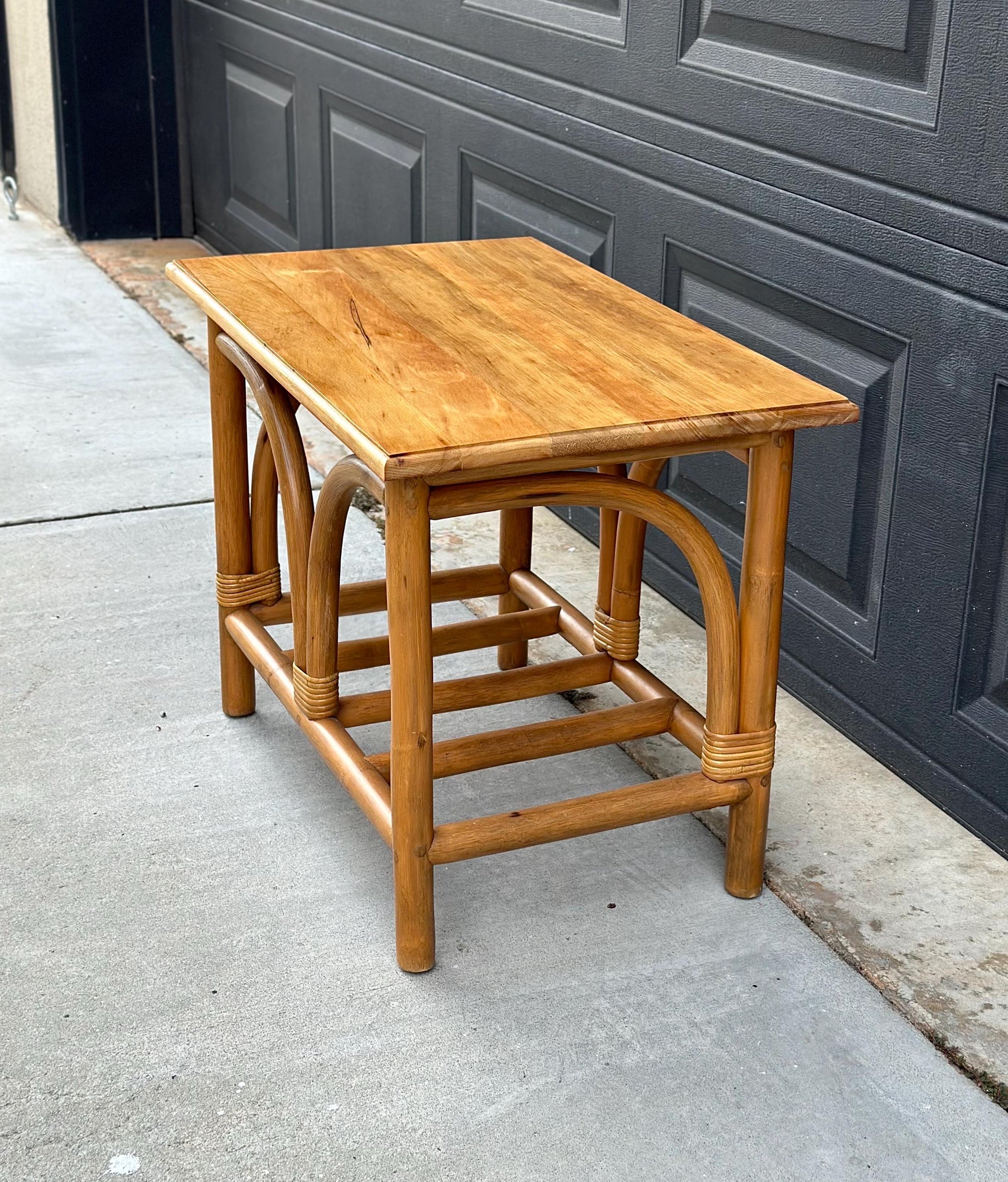 Vintage Mid Century Rattan Accent Table with Solid Wood Top Bentwood End Table
