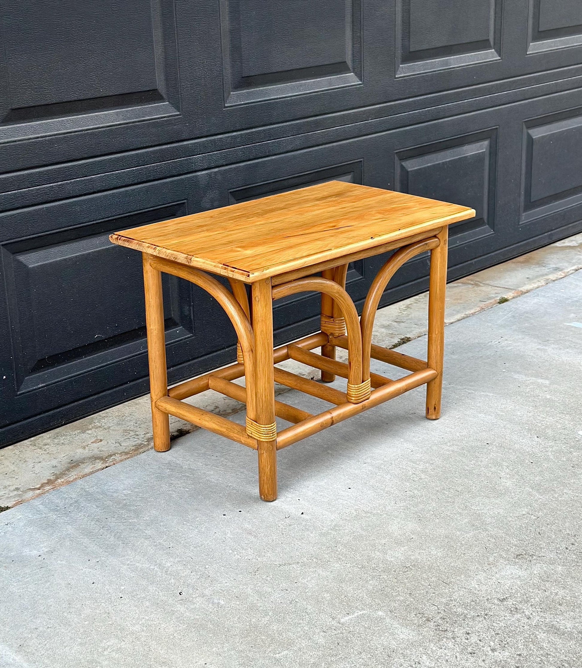 Vintage Mid Century Rattan Accent Table with Solid Wood Top Bentwood End Table