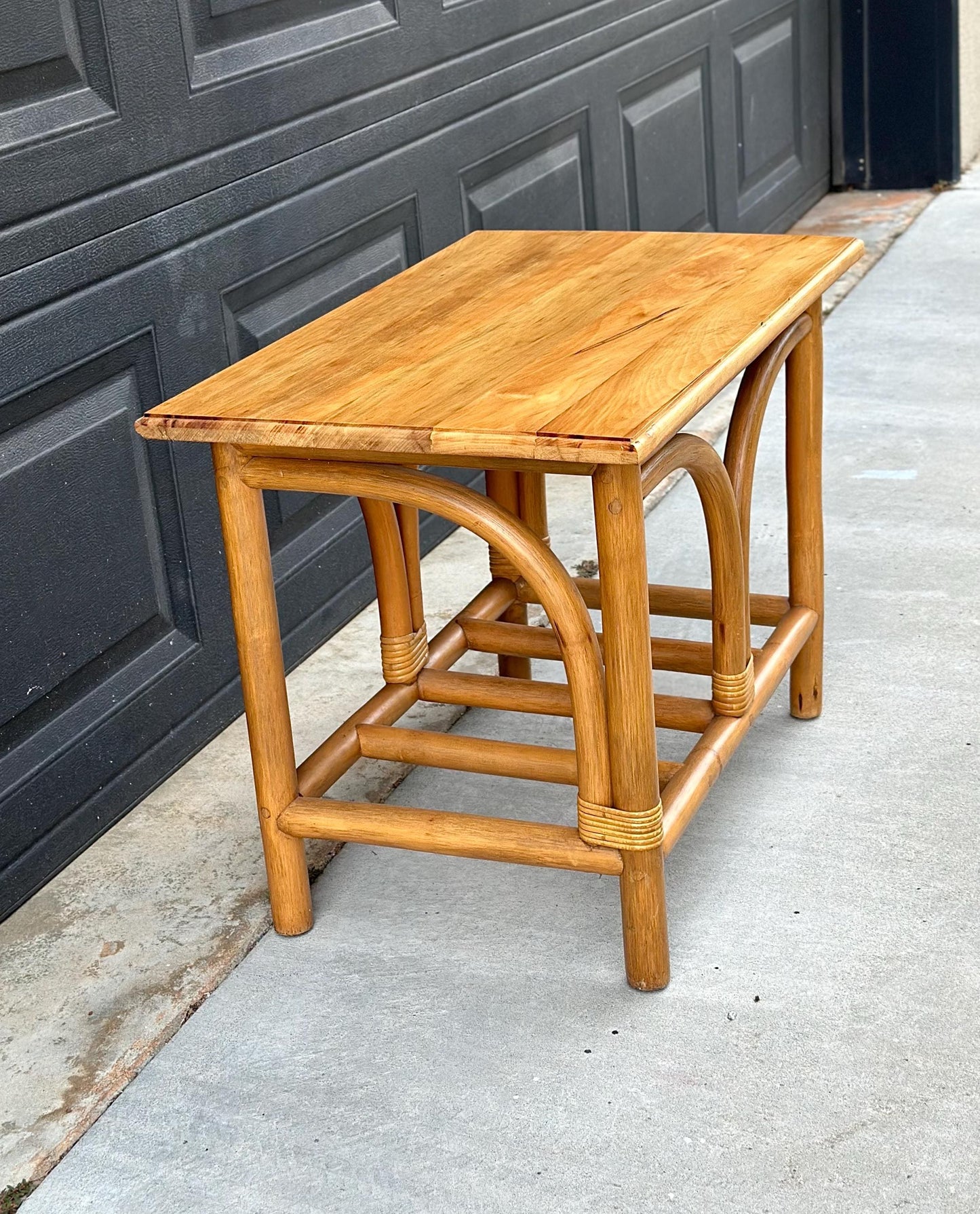 Vintage Mid Century Rattan Accent Table with Solid Wood Top Bentwood End Table