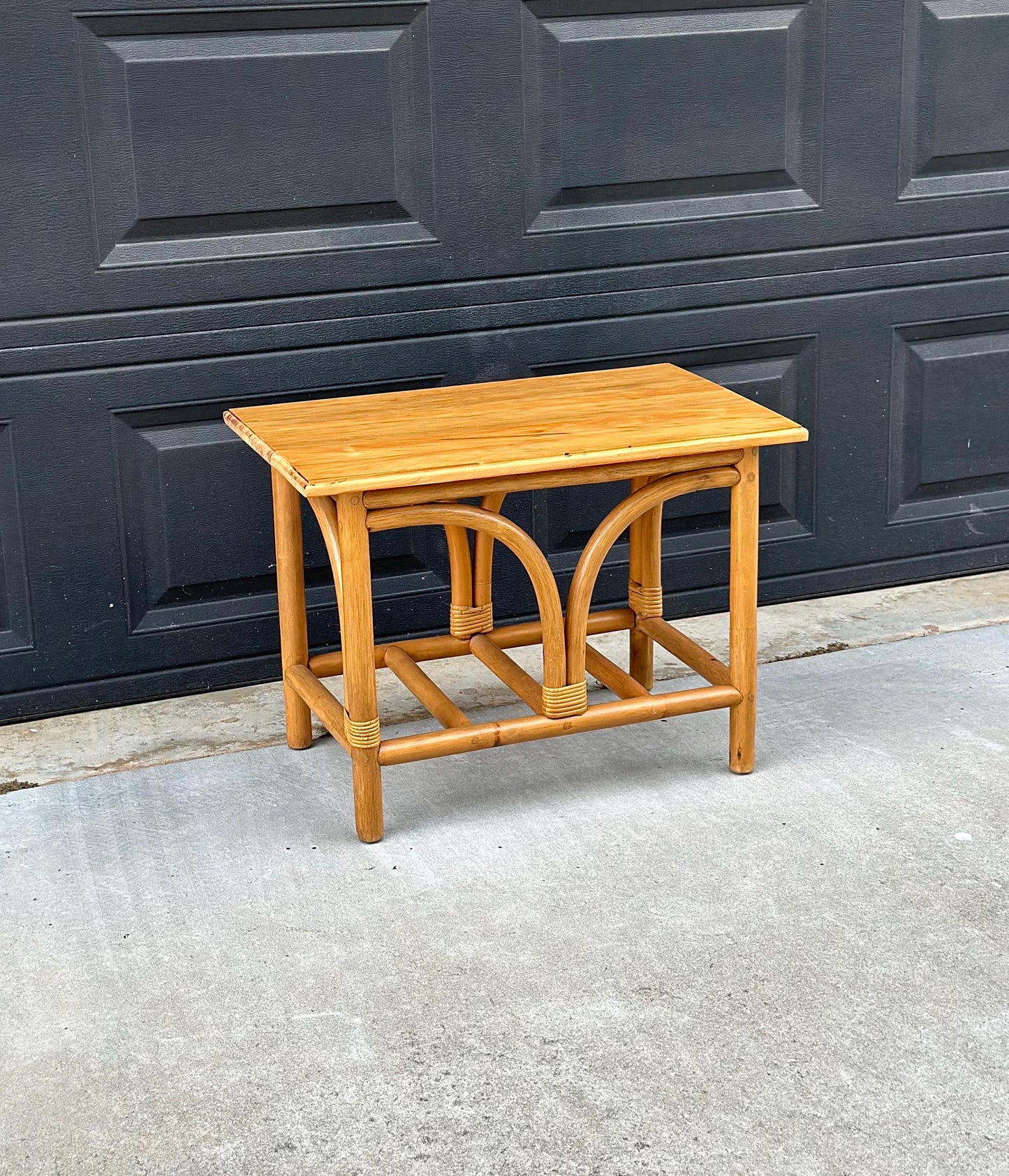 Vintage Mid Century Rattan Accent Table with Solid Wood Top Bentwood End Table