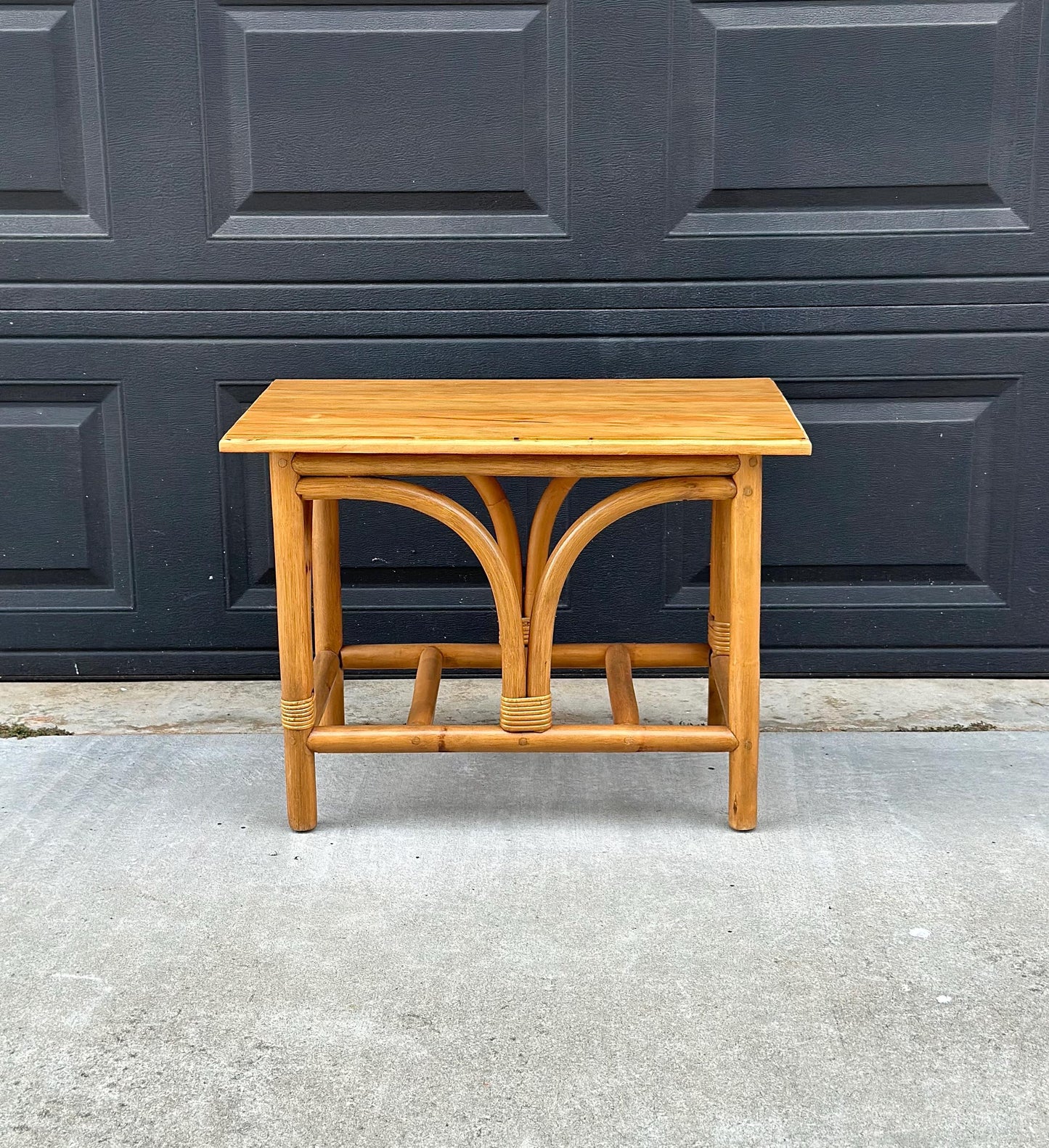 Vintage Mid Century Rattan Accent Table with Solid Wood Top Bentwood End Table
