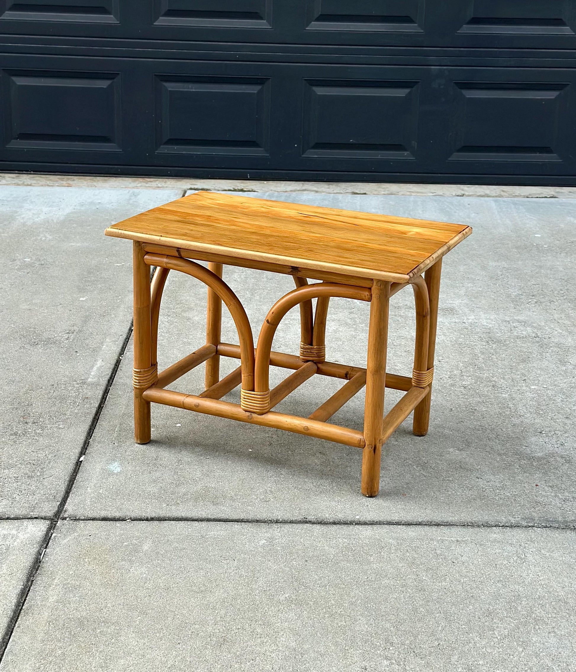 Vintage Mid Century Rattan Accent Table with Solid Wood Top Bentwood End Table