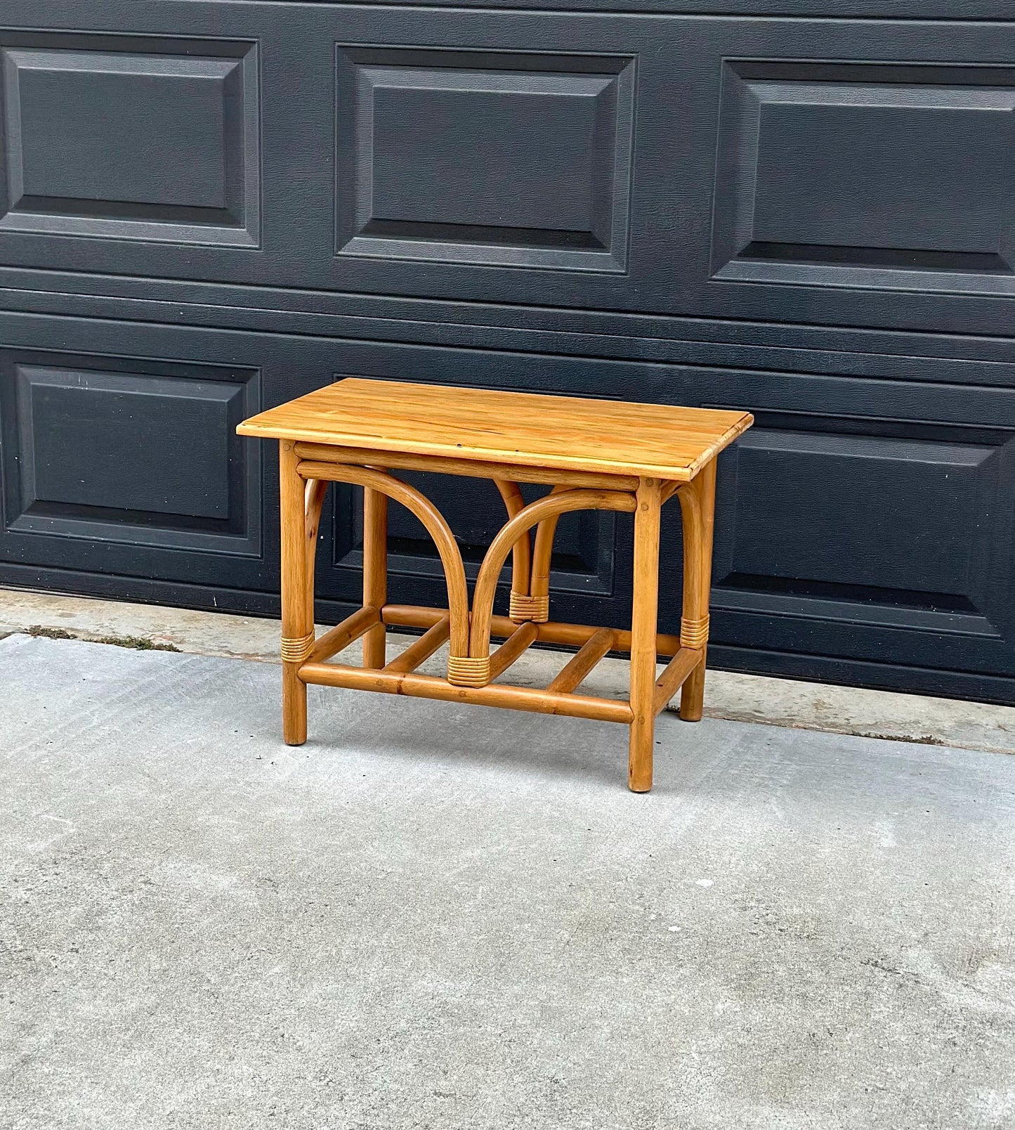Vintage Mid Century Rattan Accent Table with Solid Wood Top Bentwood End Table