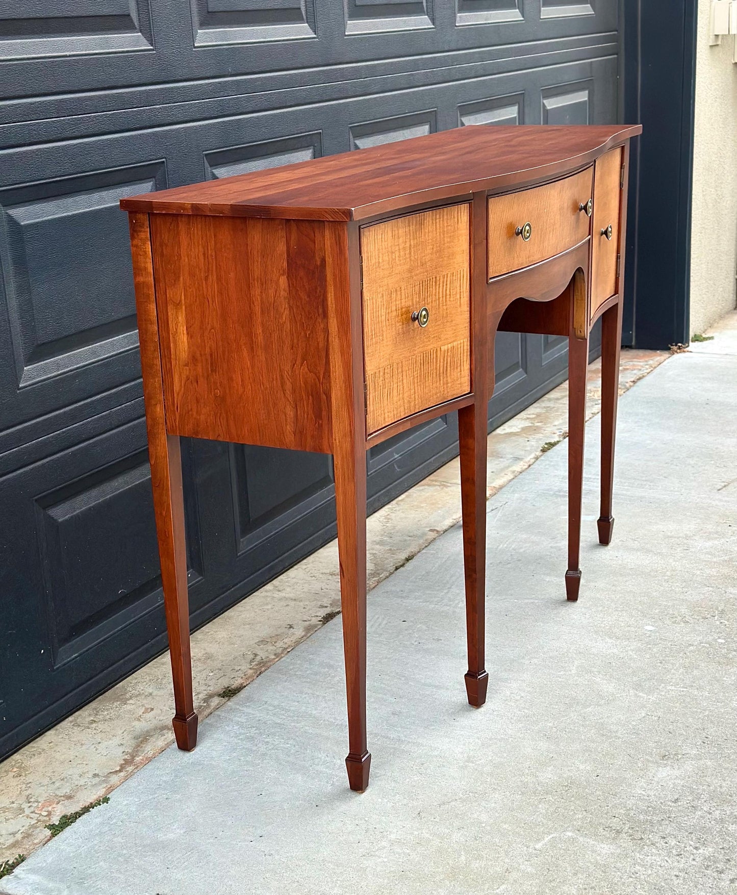 Vintage Late 20th C Solid Wood Two Tone Six Leg Narrow Sheraton Console Table with Cabinet & Drawer Storage