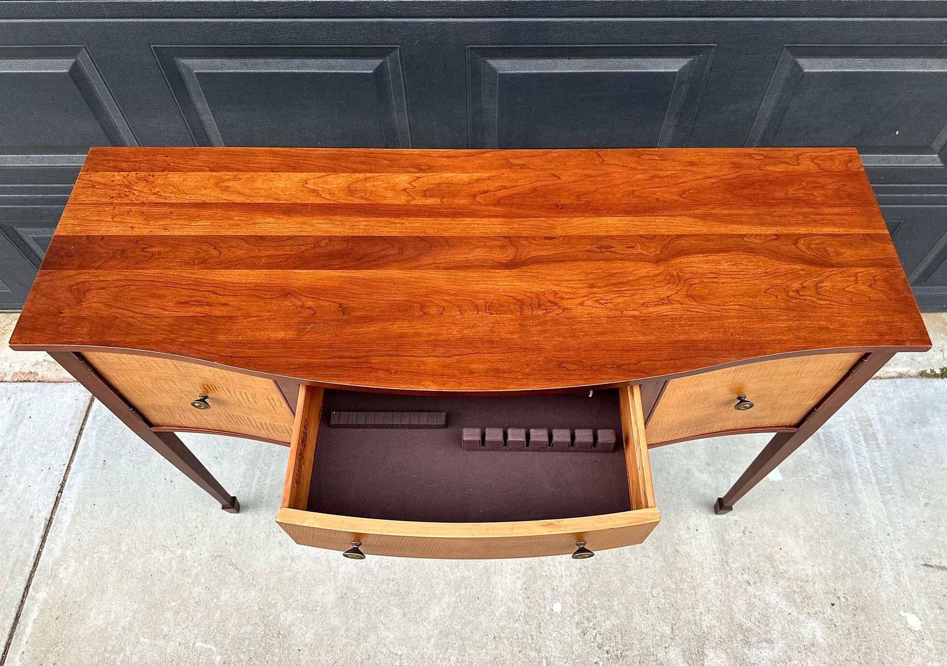 Vintage Late 20th C Solid Wood Two Tone Six Leg Narrow Sheraton Console Table with Cabinet & Drawer Storage